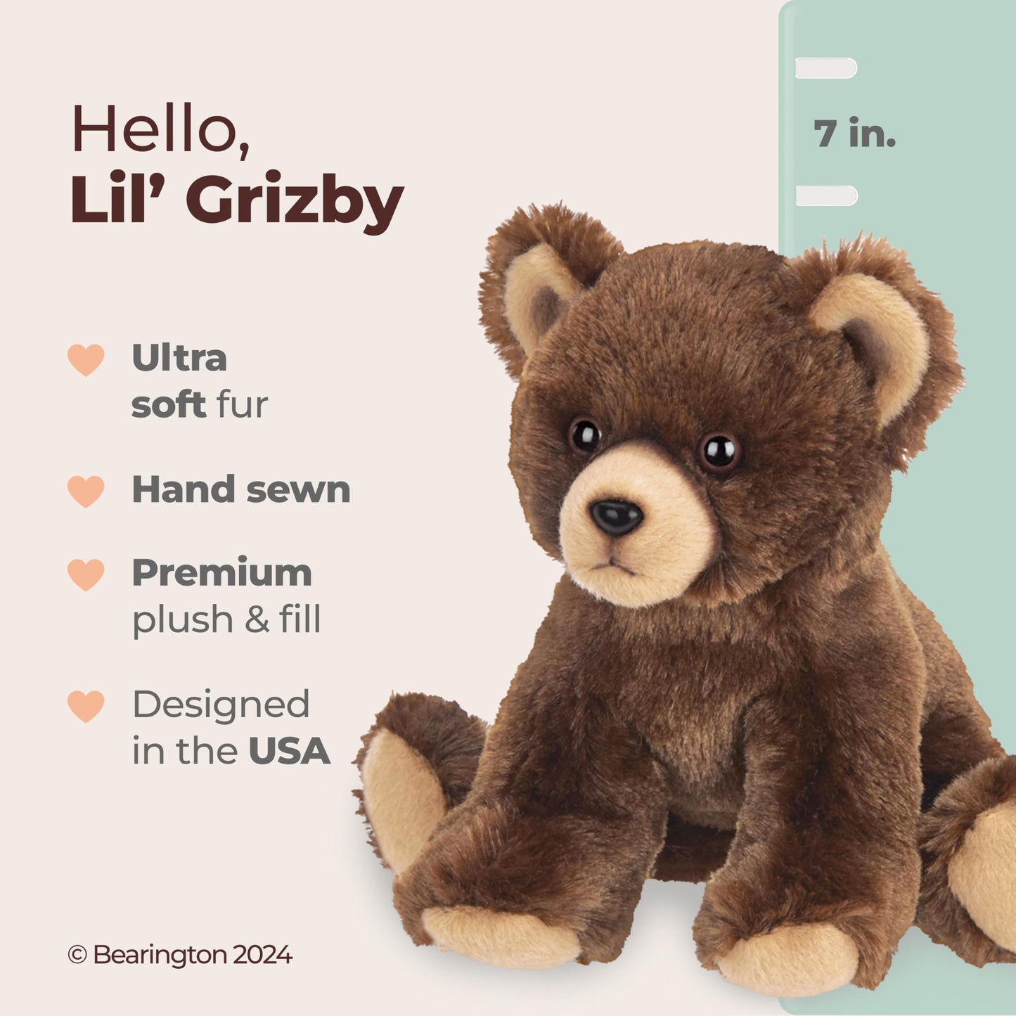 Bearington Lil' Grizby Grizzly Bear Stuffed Animal - 7" Realistic Soft Brown Teddy Bears Plush Toys - Lifelike Small Stuffed Animal Bear Plushies Gift for Babies and Kids on Birthdays and Holidays