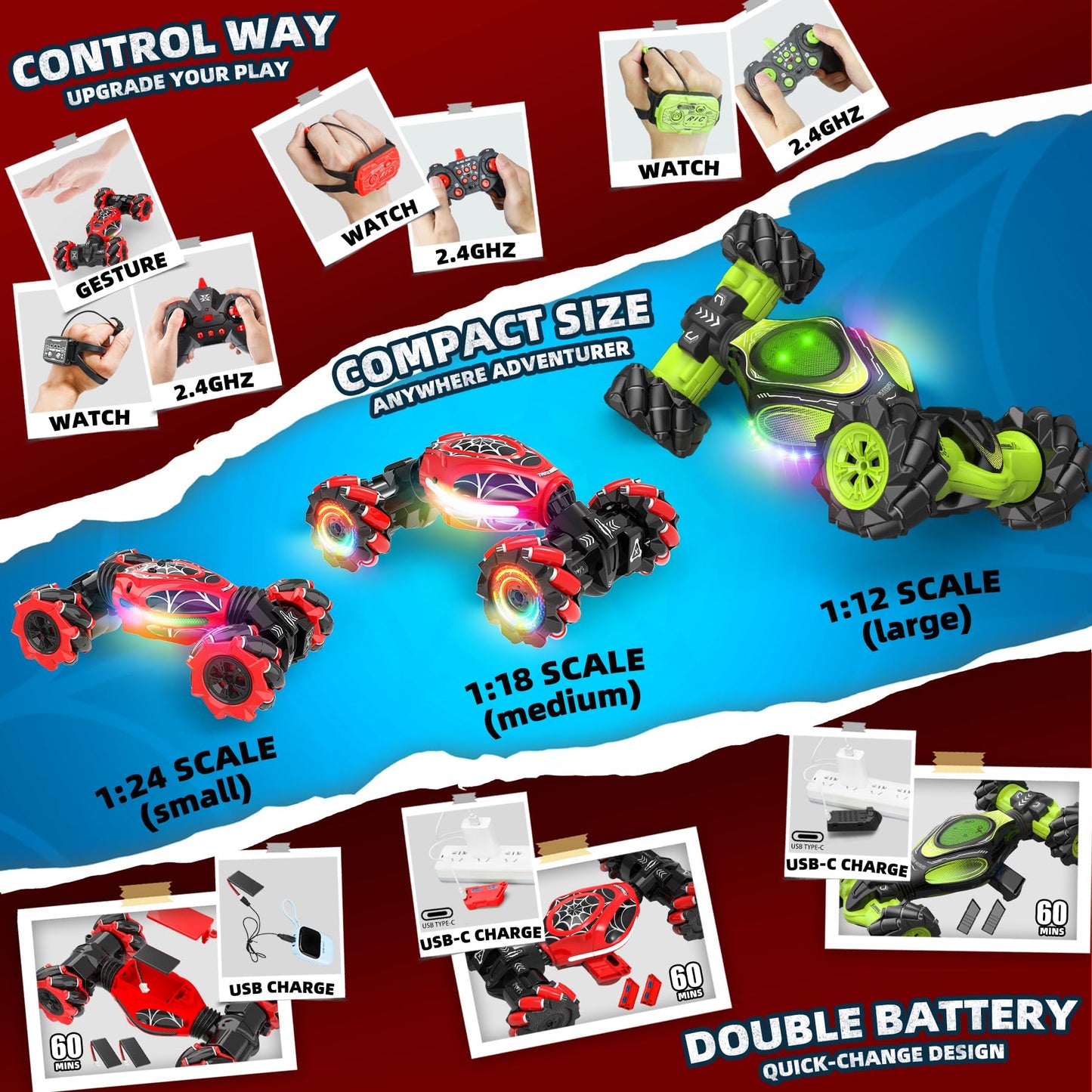 XUERENTECH Spider RC Cars Toys with Body Tires Lights, 2.4GHz Gesture Hand Control Car One-Button Deformation, Fast 360°Rotation Toys Birthday Gifts for 7 8 9 10 Year Old Boys Age 6-12