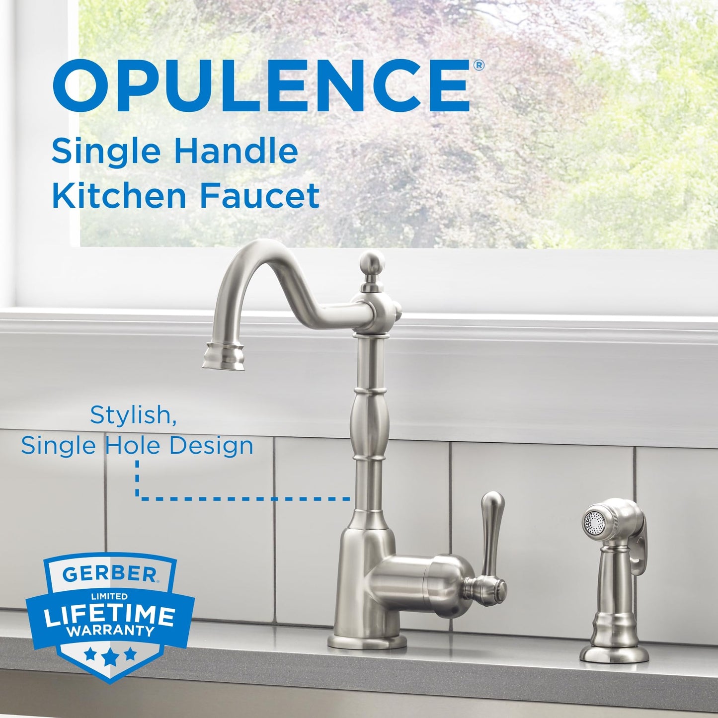 Gerber Opulence Kitchen Faucet with Side Spray - Farmhouse Style, Single Handle, Heavy-Duty Brass Construction, 2-Hole Installation in Stainless Steel, D401157SS