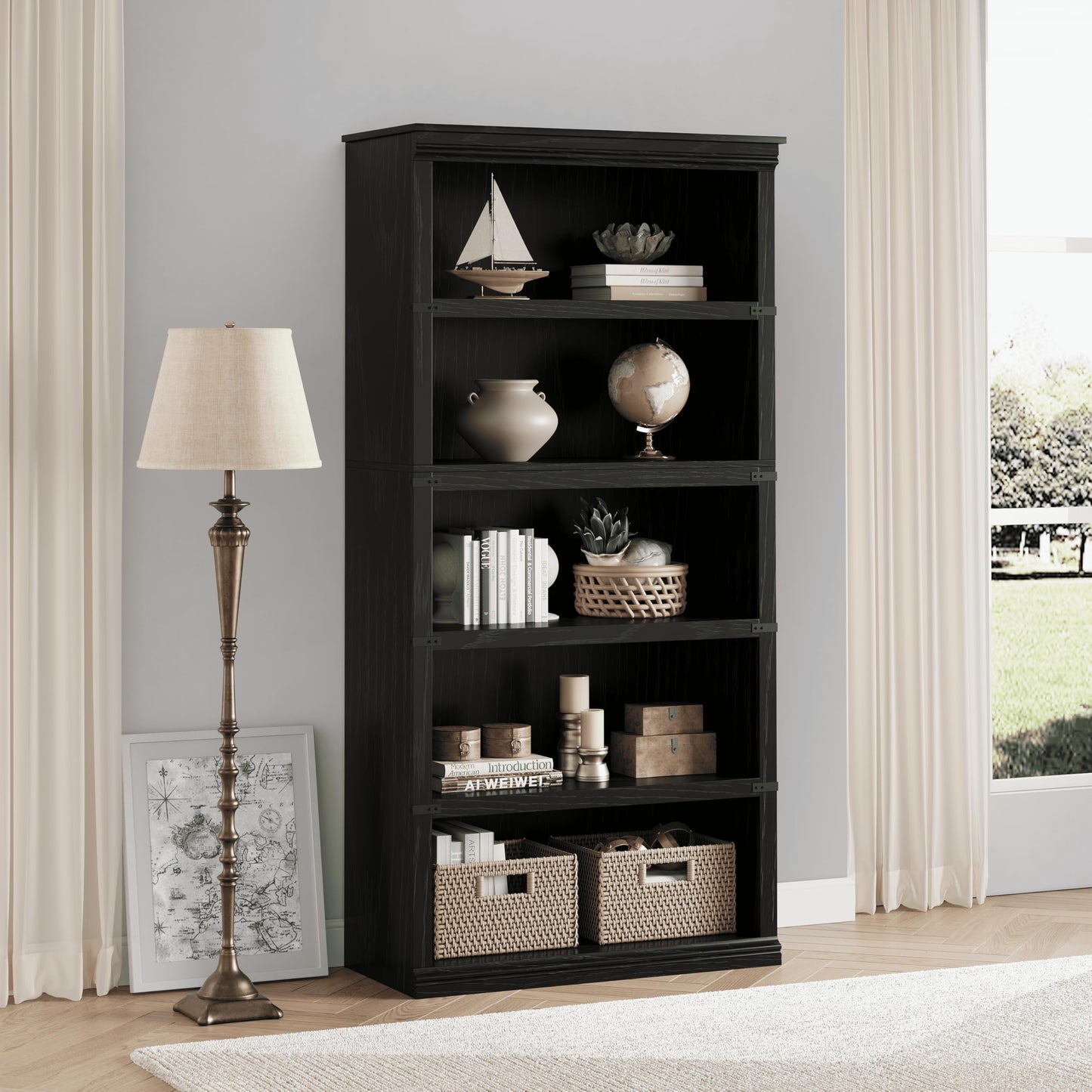 5 Tier Bookcase, Farmhouse Book Shelf with Storage Open Display Bookshelves, 67.4" Tall Book Case Wooden 5 Shelf Bookcase Home Decor Furniture for Home Office, Living Room, Bed Room - Black