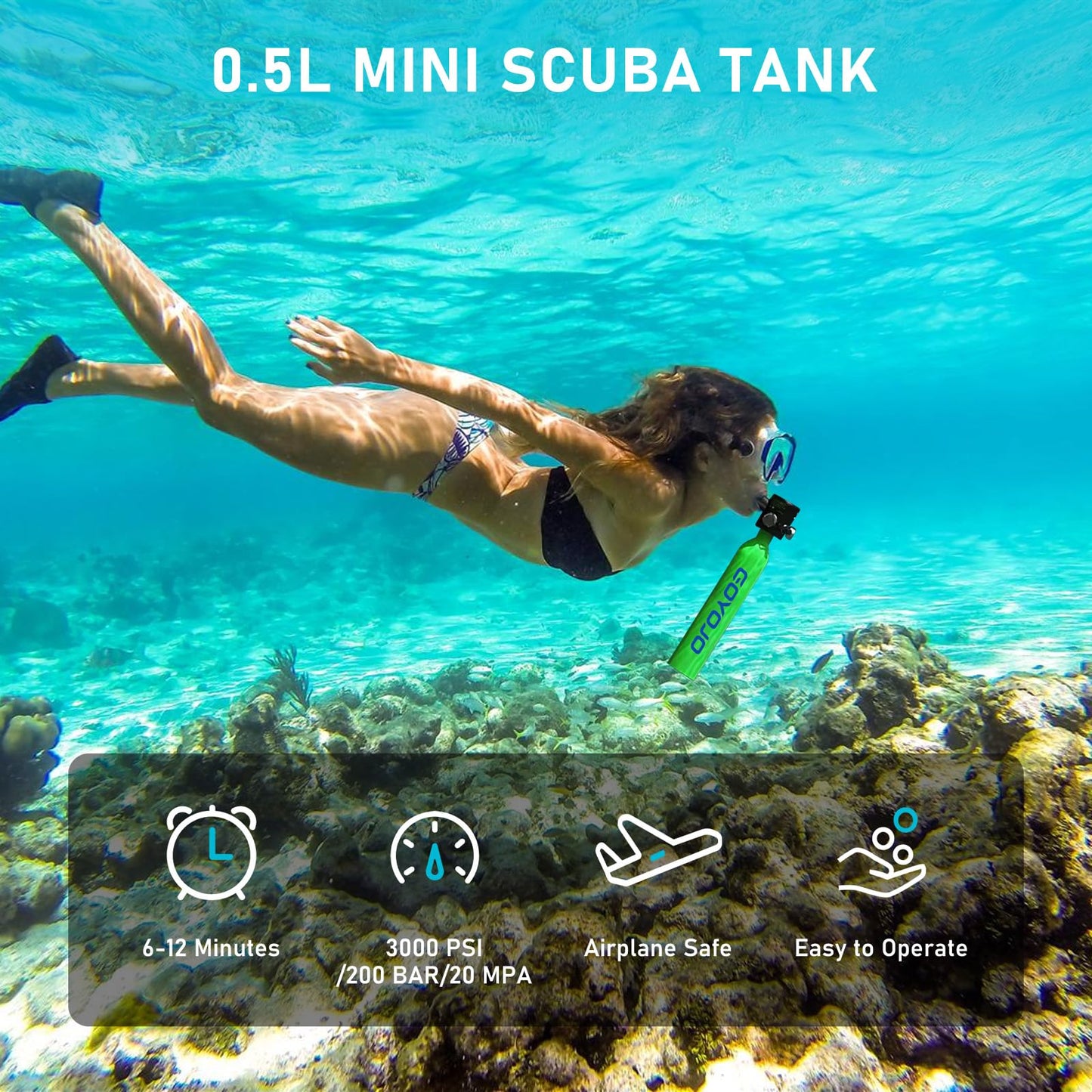 GOYOJO 0.5L Mini Scuba Tank with Pump, Portable Diving Tank, Lung Tank Kits with 3000 PSI Max Pressure, Reusable Scuba Diving Kit Gear with Pump Underwater Breathing Training (Green)