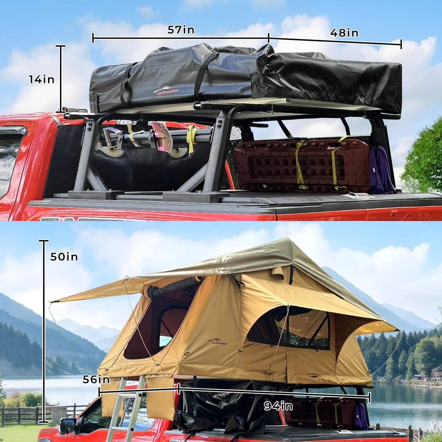 TopAutoGear Rooftop Tent for SUV & Truck Camping, Soft Shell Roof Top Tent, Quick-Setup Design with Telescopic Ladder and LED Lighting for 2-3 Person Family Adventures