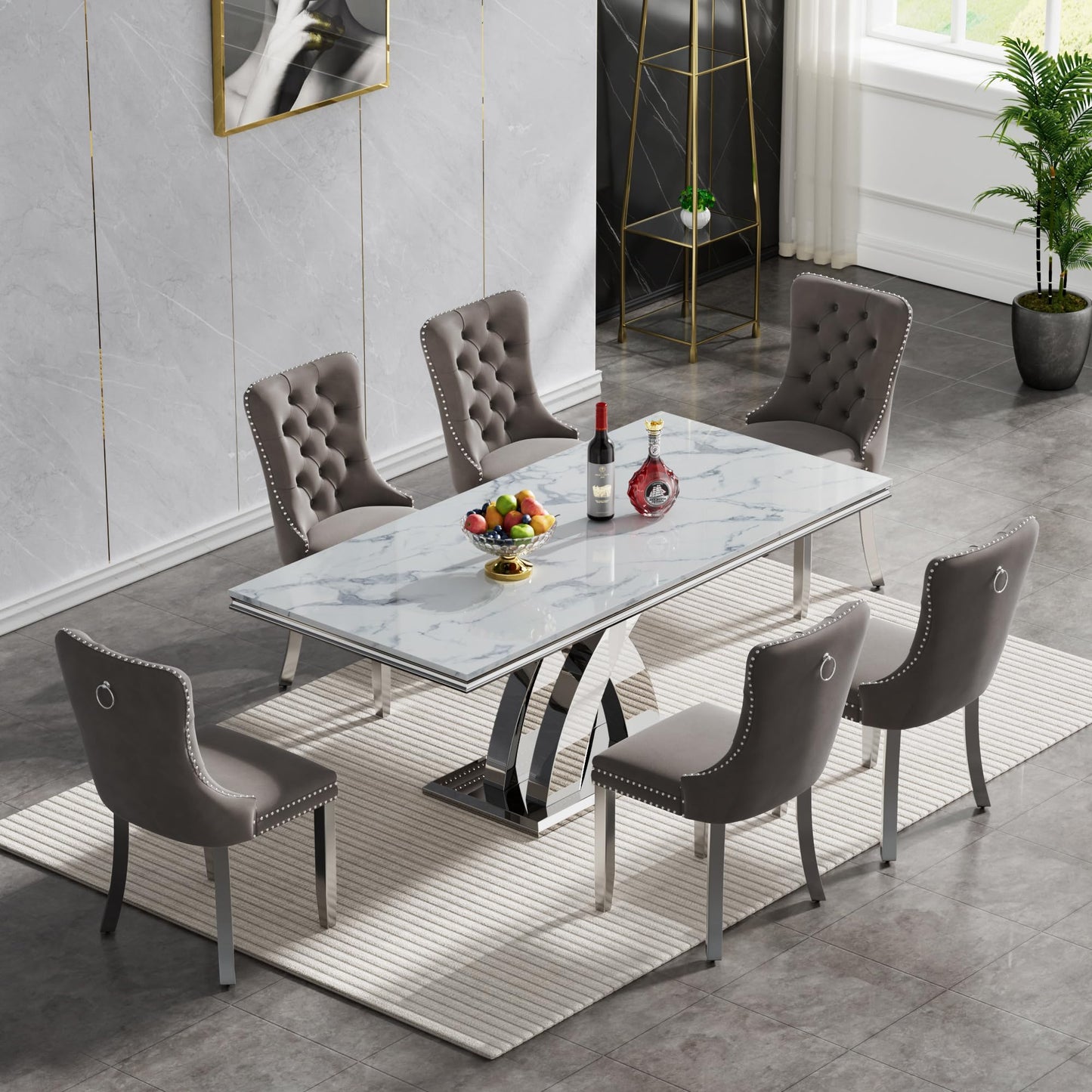 68" White Marble Dining Table Set for 6, Modern 7-Piece Faux Marble Kitchen Dining Room Table Set w/Steel X-Base & 6 Grey Velvet Dining Chairs, Luxury Silver Kitchen Table and Chairs Set of 6