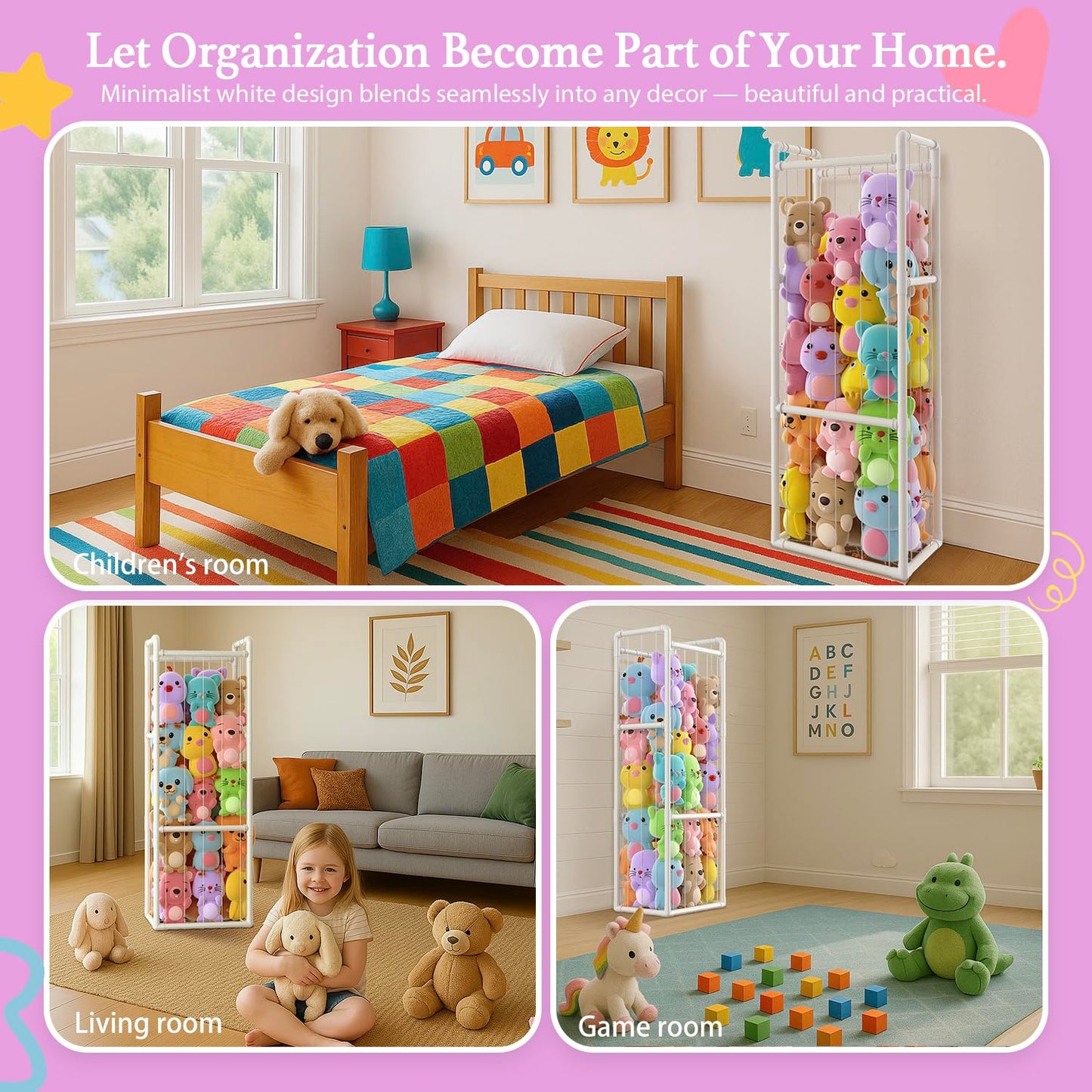 Zoxkoy Stuffed Animal Zoo for Bedroom - Holds 150+ Plushies | 45lb Load Heavy Duty Toy Storage | 10-Min Tool-Free Setup - 95% Space Saved Organizer for Nursery Playroom - Say Goodbye to Floor Mess