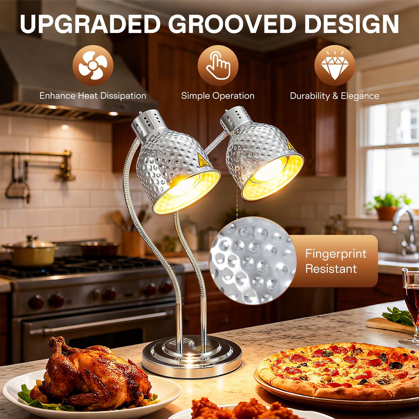 Hiteemer Food Heat Lamp - 500W Commercial Food Warmer Lamp 2-Head Portable Electric Heating Lamps Catering Warming Light for Buffet Parties Restaurant Kitchen, Silver