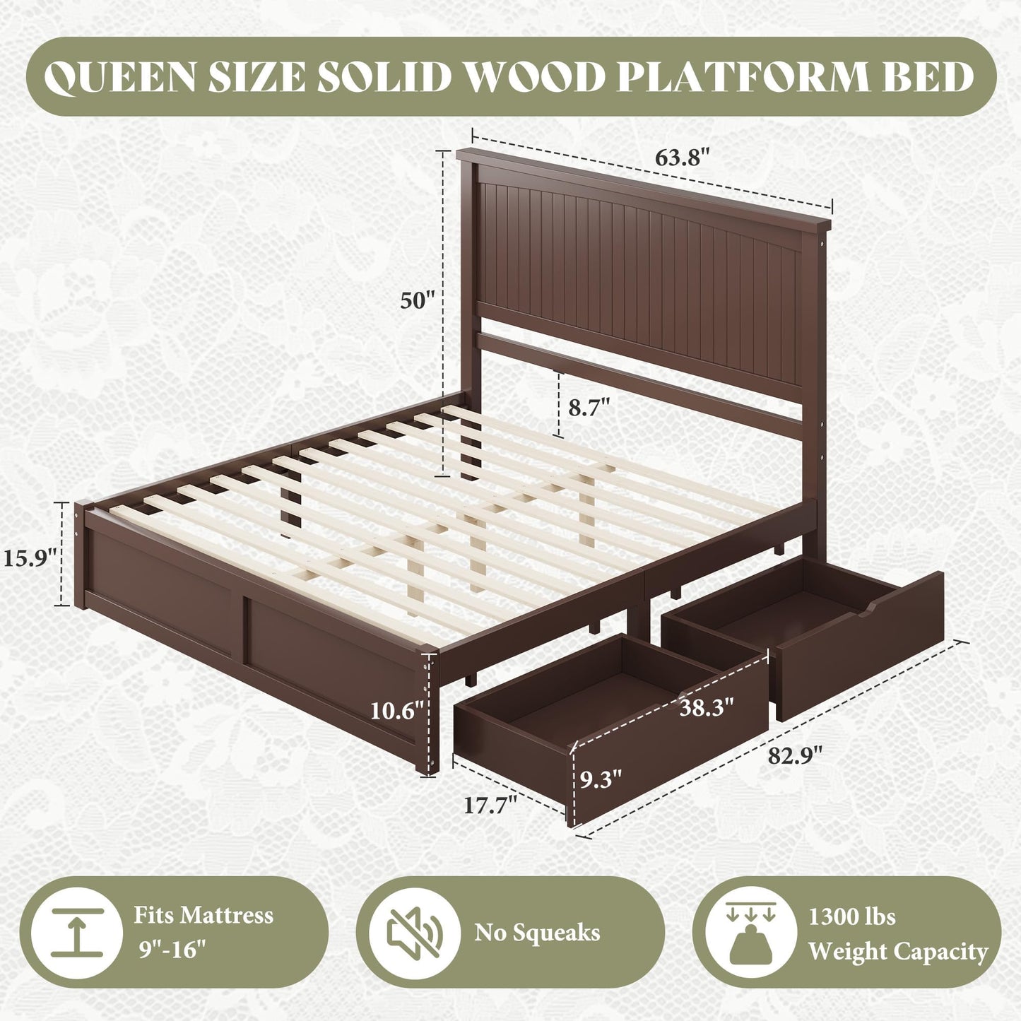 AMERLIFE Queen Size Solid Wood Bed Frame with 50" Tall Headboard, Mid-Century Modern Bed with Storage Drawers, Clean Wooden Platform Bed, 2 Side Drawers/No Box Spring Needed/Espresso Walnut