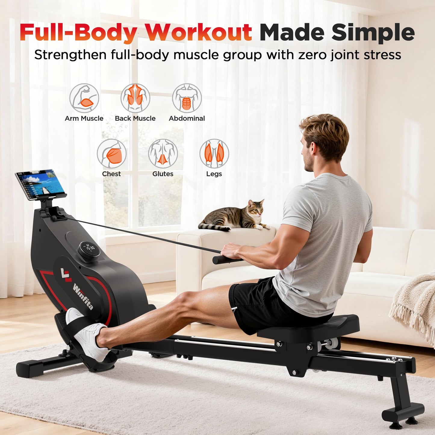 Winfita Rowing Machines for Home,Quiet Resistance Magnetic Rower Machine with 32 Levels,350lb Weight Capacity,Compact Dual Slide Rail,LED Monitor & Comfortable Seat,App Supported&Tablet Holder