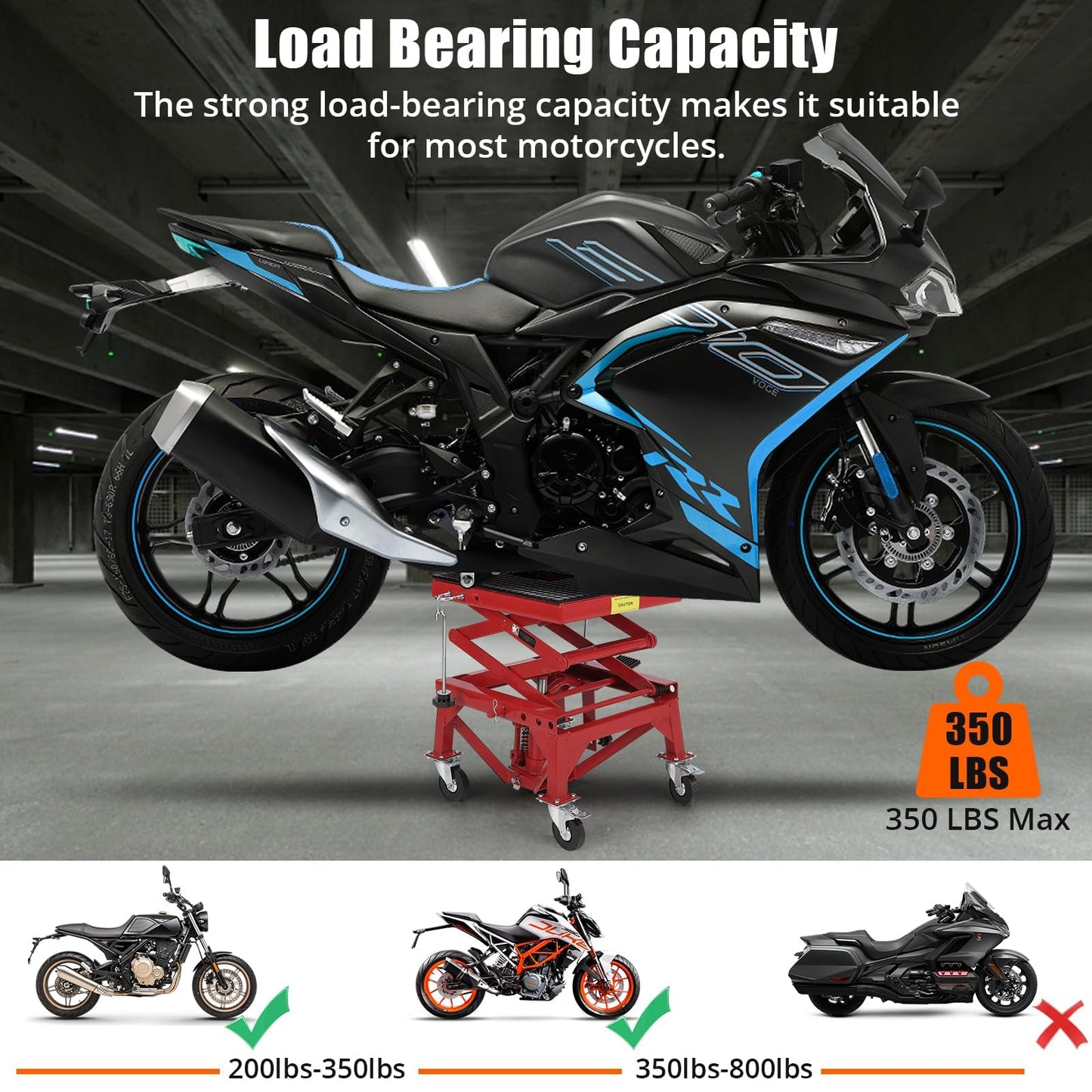 Hydraulic Motorcycle Lift Jack Table, 350 lbs Capacity Heavy Duty Motorcycle Scissor Jack Lift with Wide Deck, J-Hooks, 4 Wheels, Hydraulic Foot Operated Jack Stand for ATV Dirt Bikes
