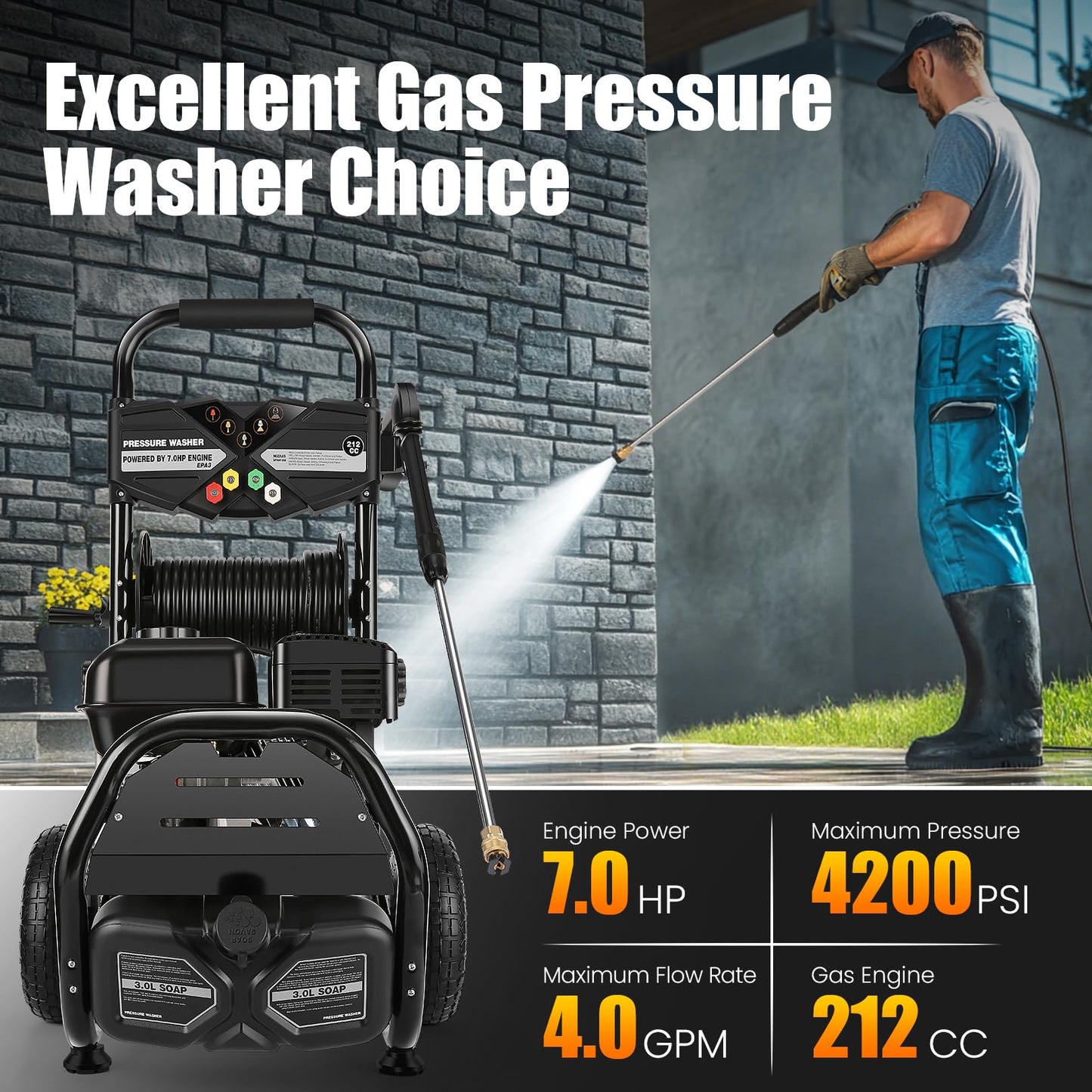 Professional 4200PSI 4GPM 212CC Gas Pressure Washer, 7.0 HP Commercial Gas Power Washer with 3L Foam Bottle 10" Wheels 5 Nozzles 33FT Hose for Home Car Fence Driveway Yard (EPA/CARB/ETL Compliant)