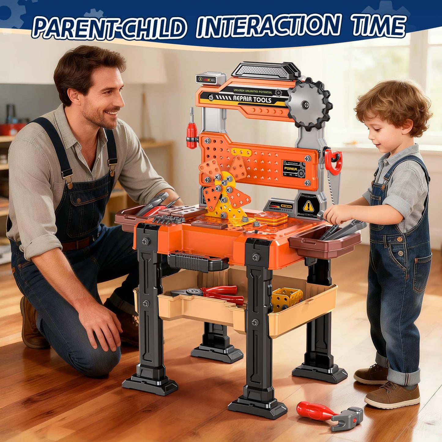 2-in-1 Kids Tool Bench Set, 152 Pcs Toddler Tool Toy Playset with Electric Drill & Realistic Tools, STEM Building Pretend Play Construction Toys for Boys, Toddlers Toys Gifts for Kids Ages 3 4 5 6 7