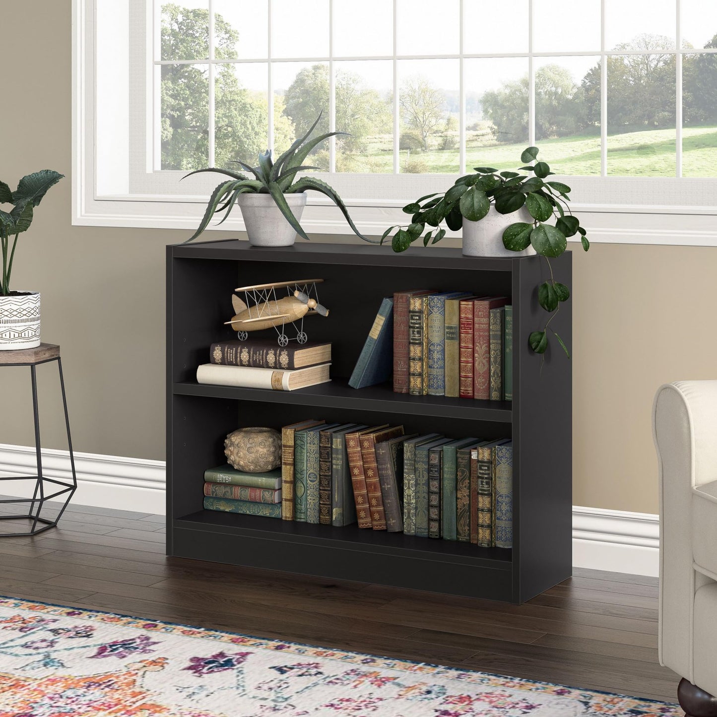 Bush Home Universal Small 2 Shelf Bookcase in Black, Low Storage and Display Bookshelf for Home Office or Living Room Organization