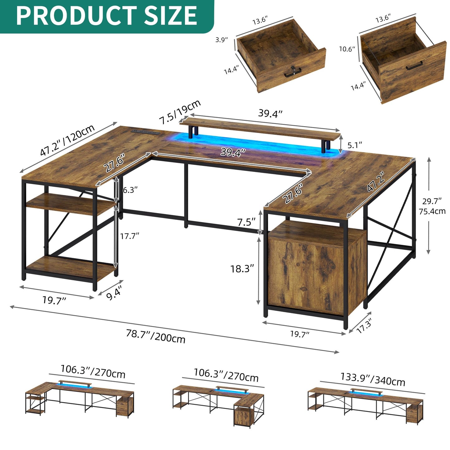 YITAHOME U Shaped Desk with Power Outlets & LED Lights, 79" Reversible L Shaped Desk with Drawers, Corner Computer Desk Office Desk with Monitor Stand & Storage Shelves, Rustic Brown