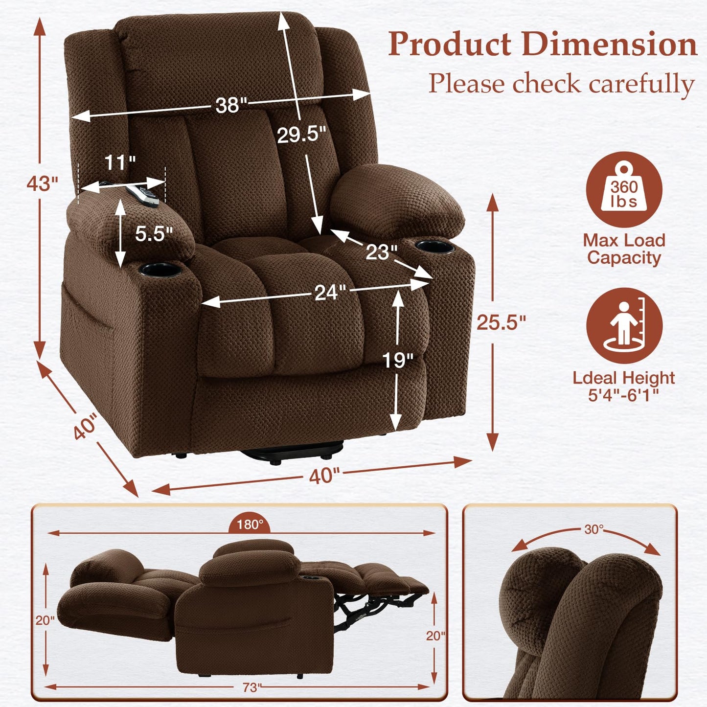 Cfvyne Three Motor Large-Wide Power Lift Chairs Recliners for Big and Tall Elderly, 180° Lay Flat Lift Chair, Infinite Position, Power Headrest, Heat & Vibration Massage (Plush Flannel, Dark Brown)
