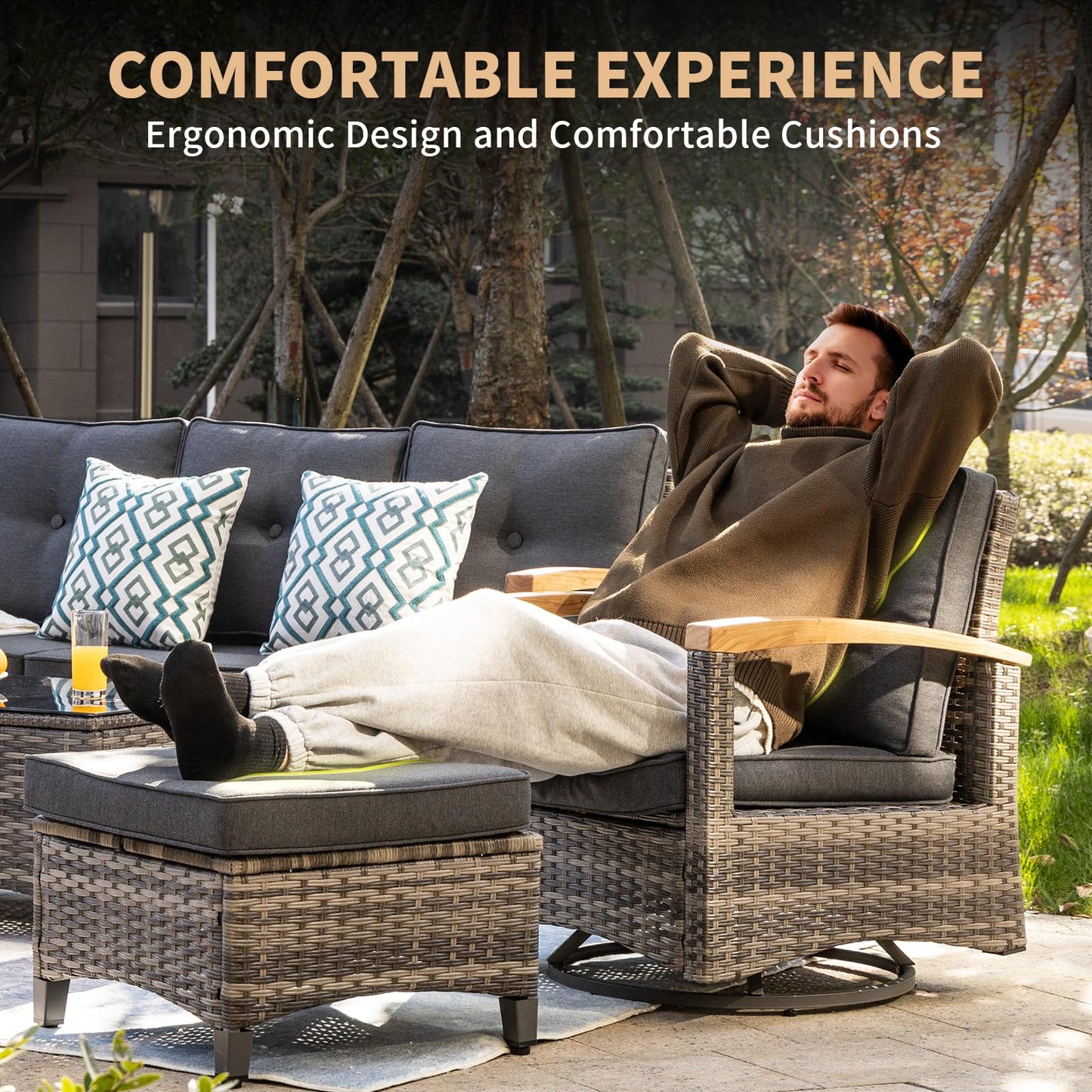 MEISSALIVVE 7 Pieces Patio Furniture Sets,PE Wicker Outdoor Conversation Sets with 2 Wood Armrests Swivel Rocker Chairs, 2 Ottoman, 3-seat Sofa and Coffee Table(Grey)
