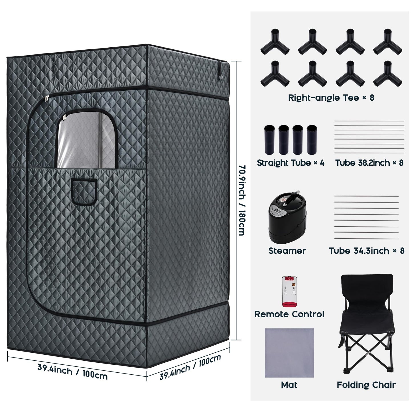 Albott Extra-Large Portable Steam Sauna Box for Home, 39.4"x39.4"x70.9" Full Body Sauna Tent with 3L 1500W Steamer, Remote Control & Folding Chair, Grey