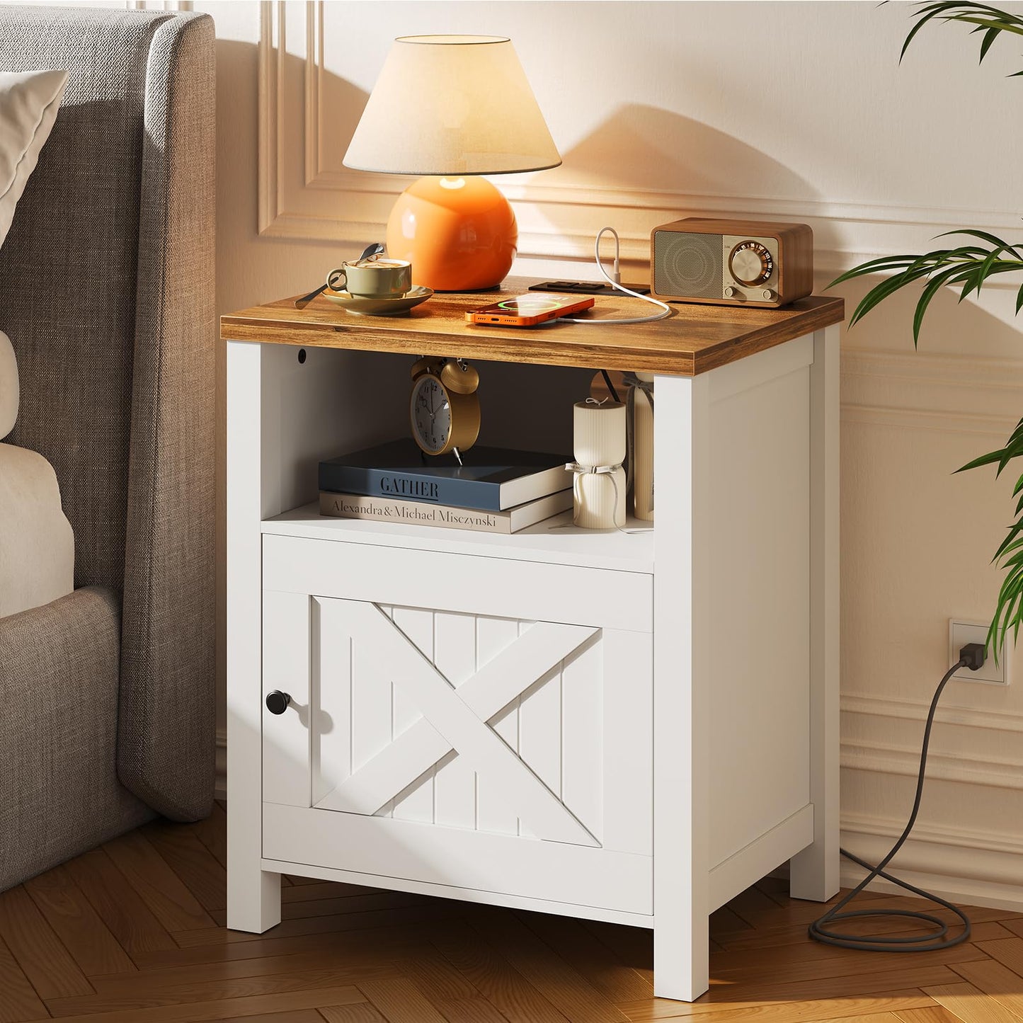 Marsail Farmhouse Nightstand Set of 2 with Charging Station, Wood Bedside Table with USB Port & AC Outlet, Open Shelf and Enclosed Cabinet, Side Table with Storage for Bedroom, Brown and White