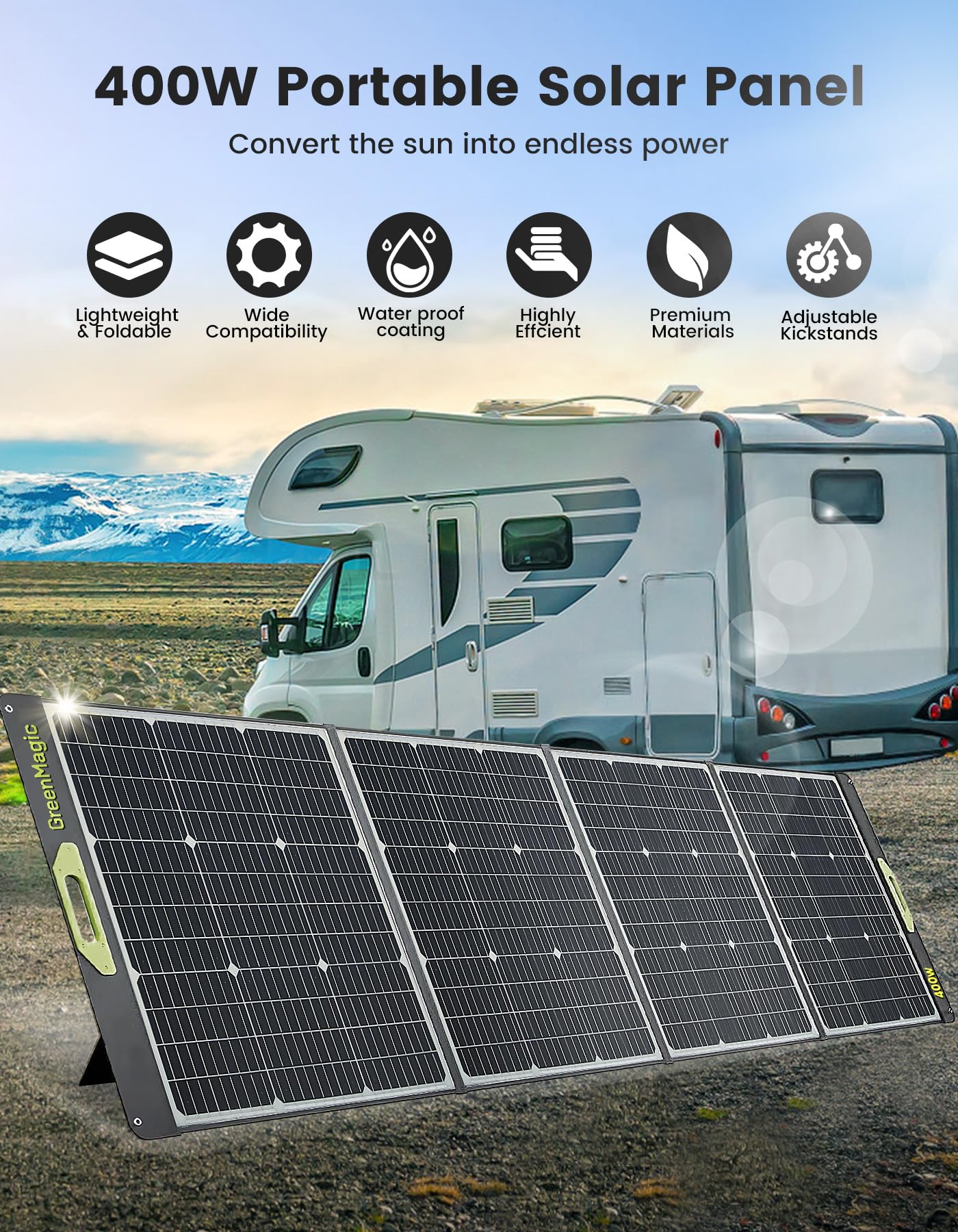 800W Portable Solar Panel, 2pcs 400W Portable Solar Panels 39V, 23% Efficiency Foldable IP67 Waterproof Adjustable Kickstands, Off-Grid Power Smart Sunlight Alignment via Suncast, for Camping, RV