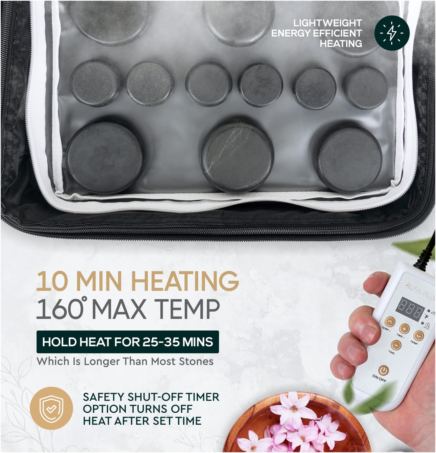 BlissFlow Hot Stones Massage Set with Warmer Kit – 12 Basalt Massage Stones – Digital Electric Stone Warmer & Portable Heater – Hot Stones for Massage in Travel Carrying Bag
