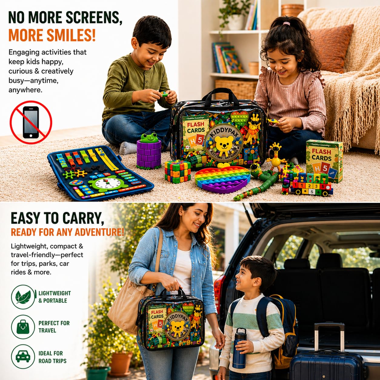 KIDDYPAX Kids Travel Activity Kit, 10-in-1 Montessori Busy Board, LCD Writing Tablet, Wooden Puzzle, Flash Cards & Sensory Fidget Toys, Screen-Free Travel Toys, Gift for Kids Ages 3–10