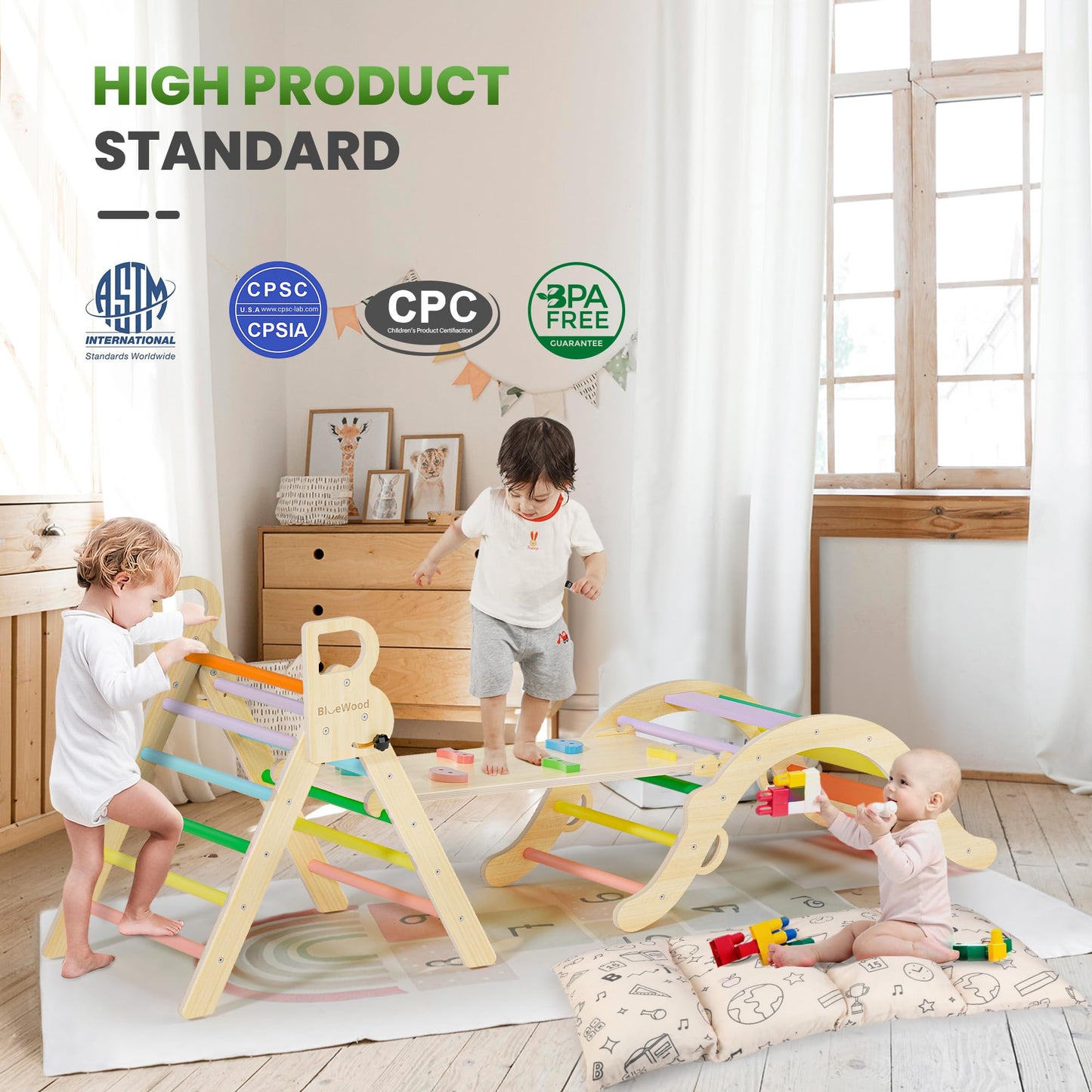 BlueWood Pikler Triangle Set with Cushion, 8-in-1 Climbing Toys for Toddlers, Montessori Philosophy Play Jungle Gym with Arch, Ramp, Ladder(Sunshine Rainbow)