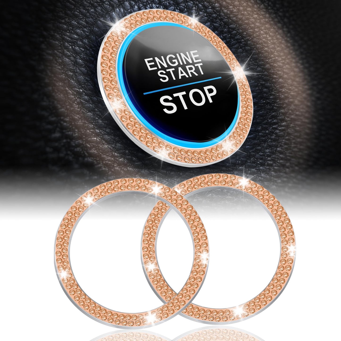 LivTee 2 PCS Crystal Double Rhinestone Car Engine Start Stop Decoration Ring, Bling Car Interior Accessories for Women, Push to Start Button Cover Sticker, Automotive Decals, White