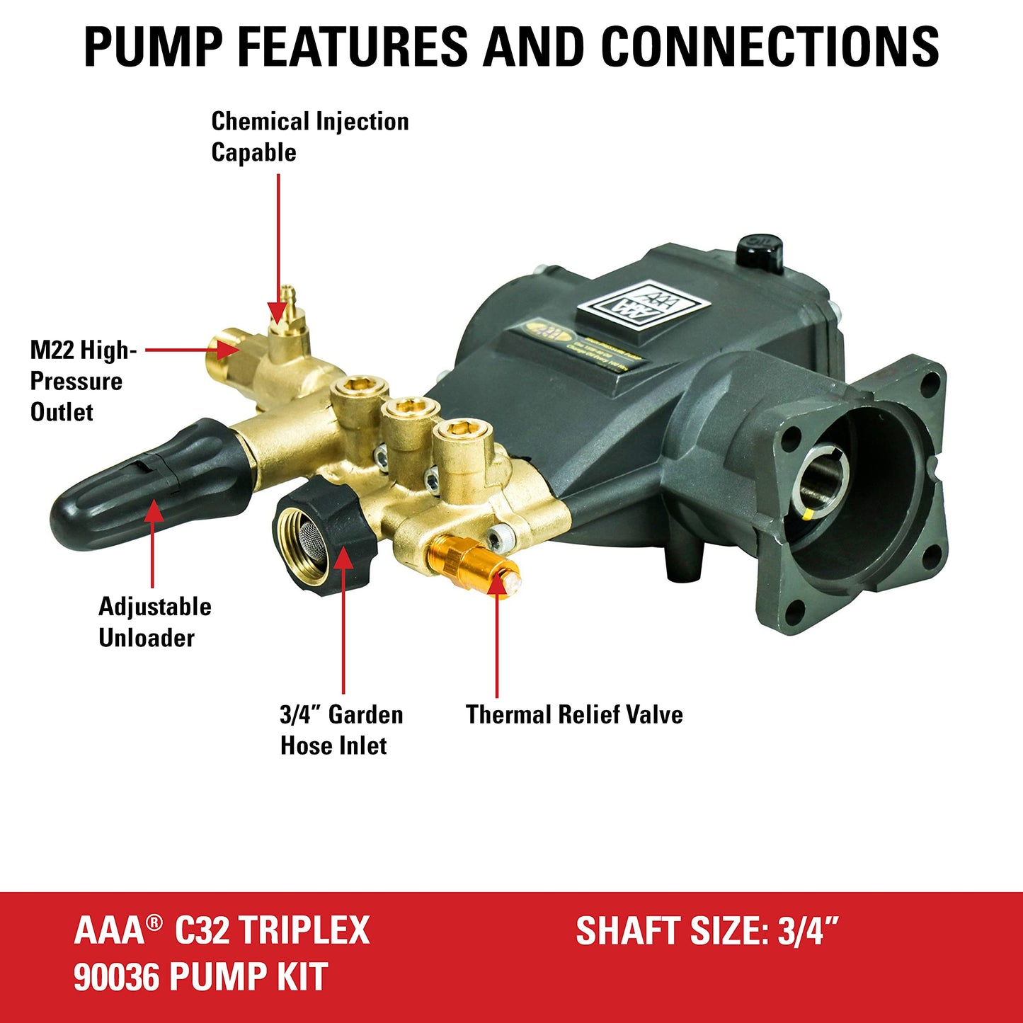 AAA 90036 Horizontal Triplex Plunger Replacement Pressure Washer Pump Kit, 3200 PSI, 2.8 GPM, 3/4" Shaft, Includes Hardware and Siphon Tube, for Industrial Gas Powered Machines, Black