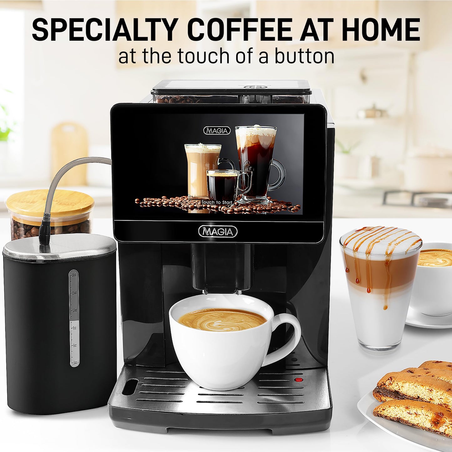 Zulay Kitchen Magia Ultra LUX Super Automatic Espresso Machine, Bean-to-Cup Coffee Maker with Built-In Grinder, Automatic Milk System, 19 One-Touch Specialty Drinks, Touchscreen, Black