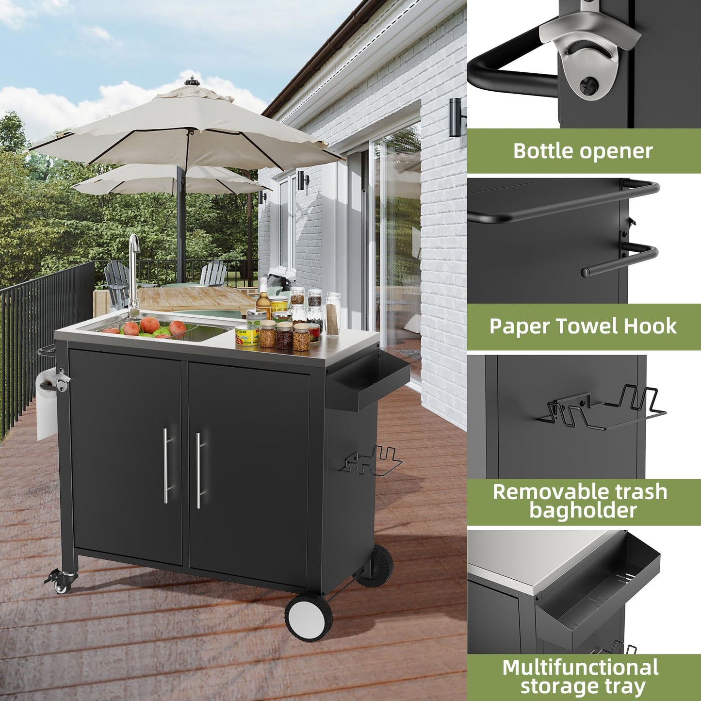 ahomrt Outdoor Grill Table with Sink, Grill Cart with 304 Stainless Steel Sink and Cabinet, Outdoor Grill Cart,Outdoor Cart Sink Station with Wheels, 38in x 18in x 35in
