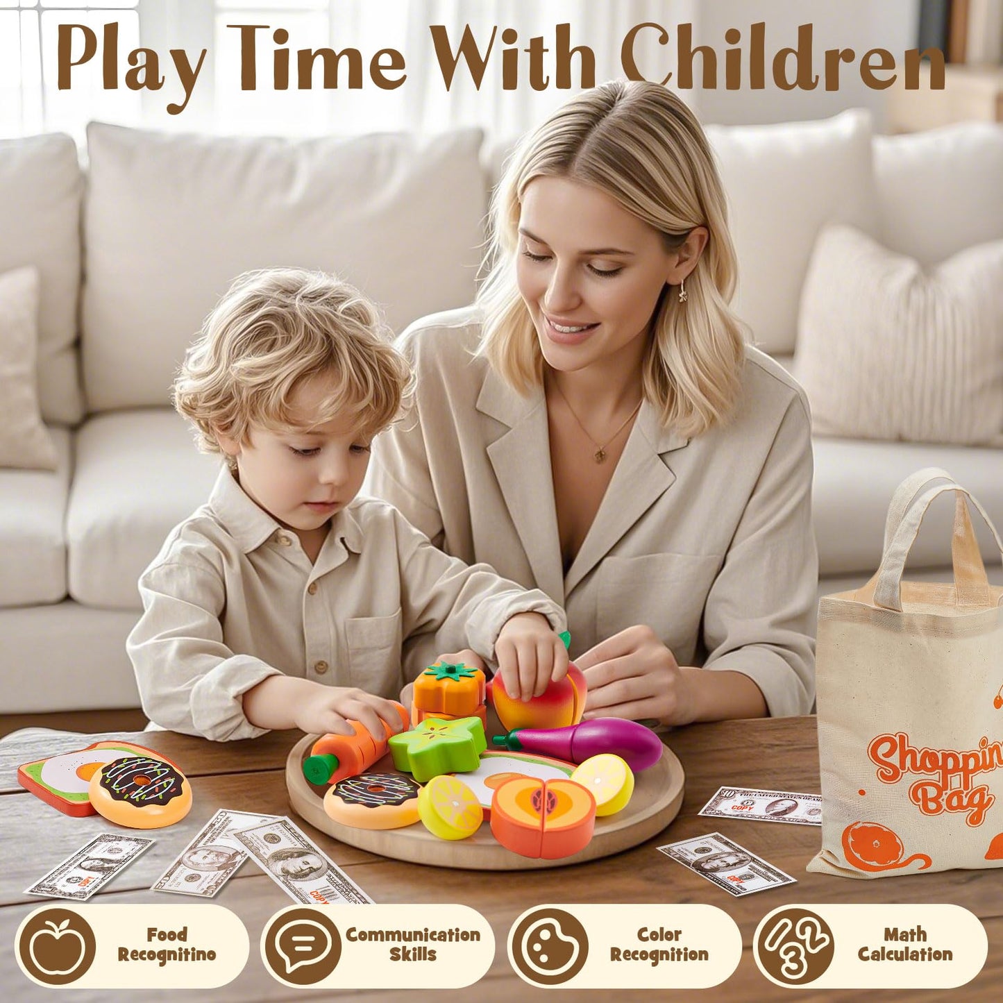 Toyssa 40+ Pcs Wooden Play Food Set with Grocery Store Shelf & Cutting Toys, Pretend Play Kitchen Accessories for Toddlers Kids, Educational Farmers Market Role Play Gifts for Girls Boys 3-7 Years