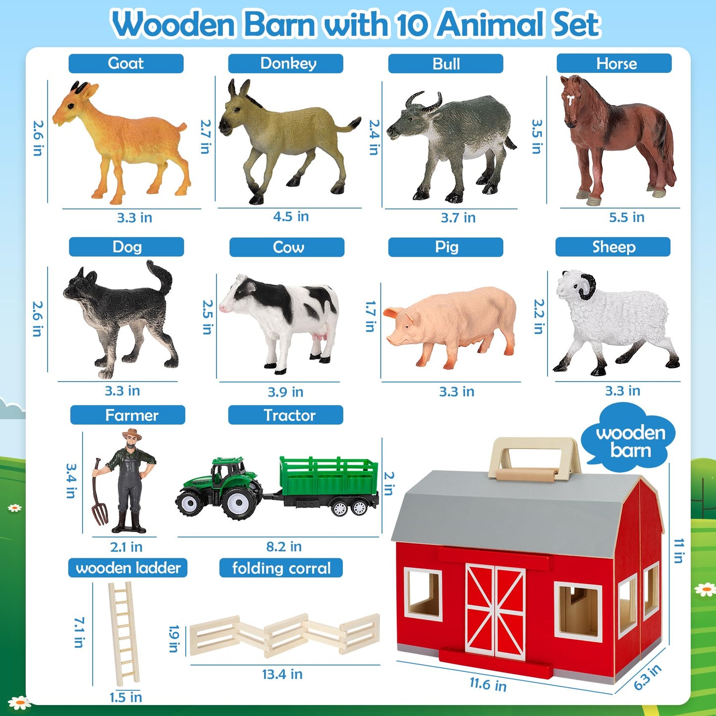 YEEBAY Farm Animals Toys for 3+ Year Old Kids Toddlers Girls Boys, Large Wooden Barn with Animal Play Figures, Farm Playset Educational Learning Toys, Ideal Christmas Birthday Gifts