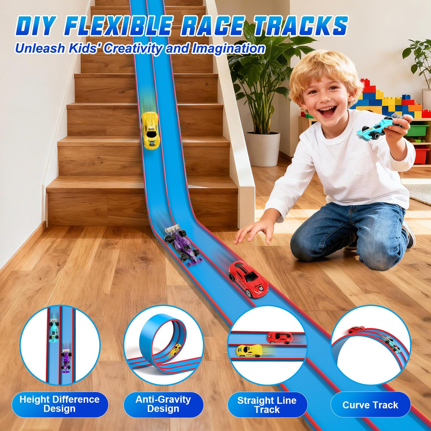 Sunrad 15Ft Flexible Race Car Track Toys for Kids with 4 Car & Suction Cups, Flex Tracks Starter Set Compatible with 1:64 Diecast Cars Portable Rolls Up DIY Racetrack, Gift for Boys Girls Age 3-5 4-8+