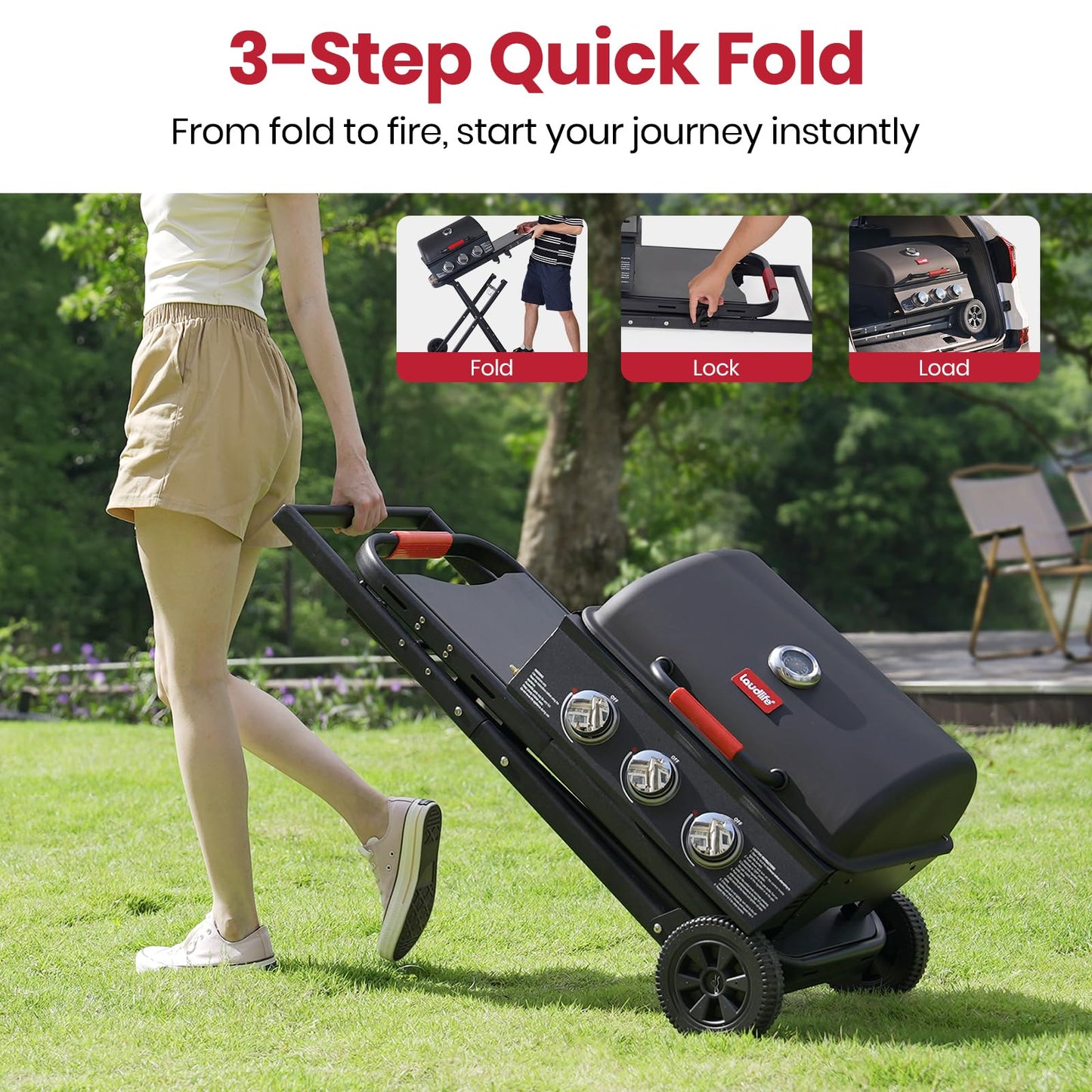 Laudlife 3-Burner Portable Gas Grill with 30,000 BTU, 320 SQ.IN Detachable Propane Grills, Non-Stick Porcelain Grate, Built-in Thermometer, Quick-Fold Design for Camping, Tailgating & Outdoor BBQ