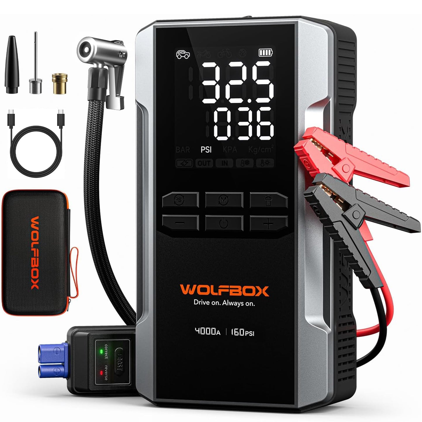 WOLFBOX 4000A Jump Starter with 160PSI Air Compressor & X3 Dash Cam