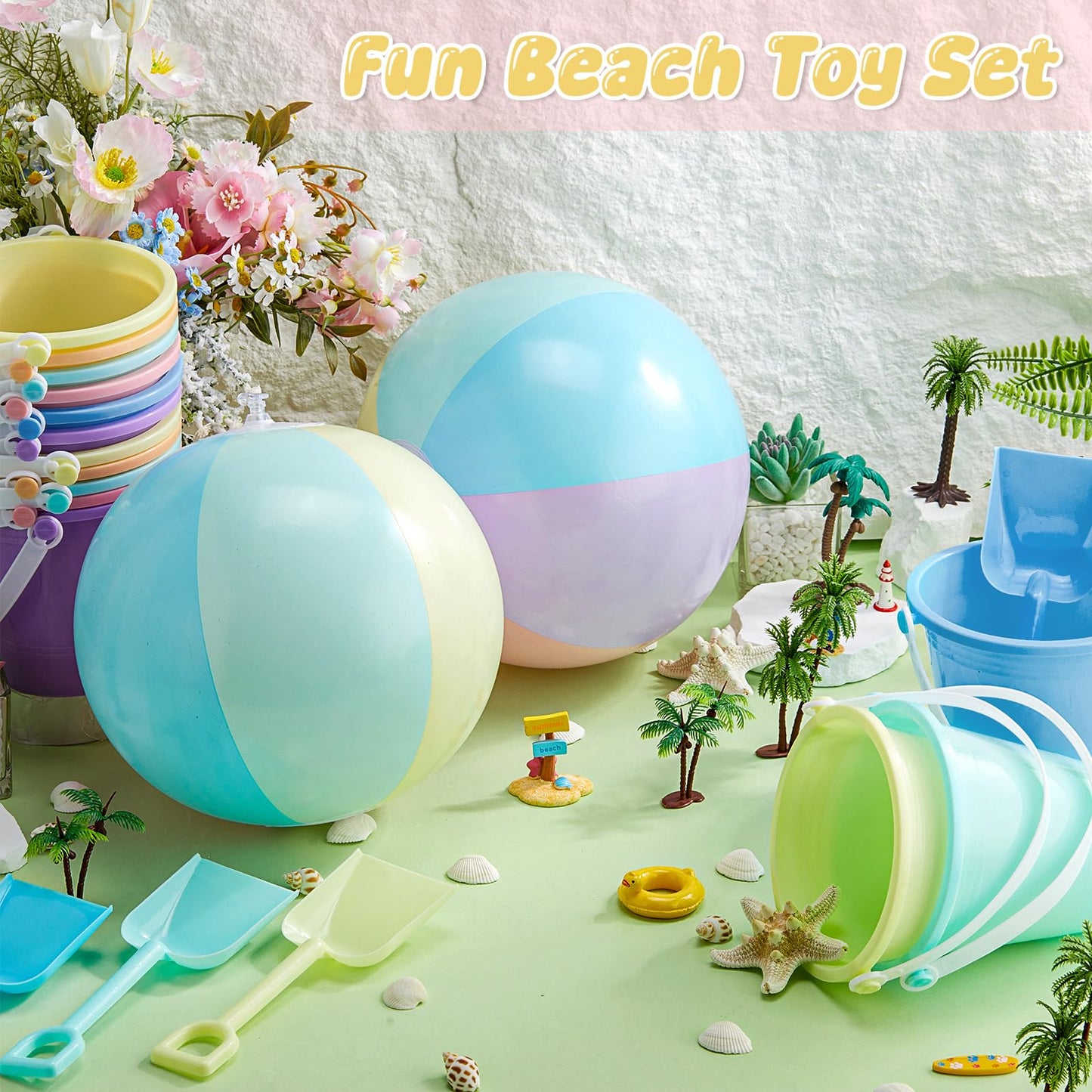 Lunmon 72 Pcs Beach Toys for Kids 24 Set Sand Buckets Shovels Bulk Pastel Beach Balls Inflatable Sand Toys for Girls Boys Toddlers Games Birthday Summer Pool Party Favor (Macaron, Stylish)