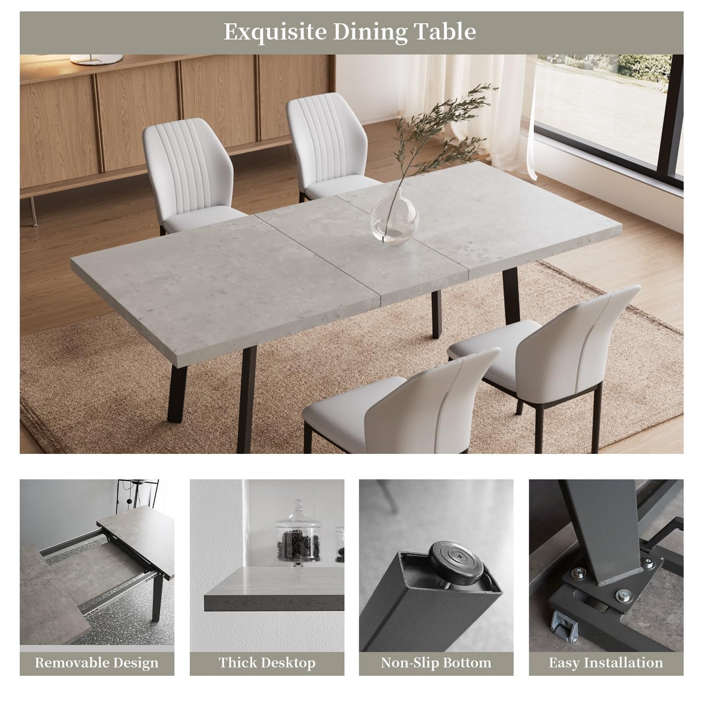 Zerifevni 47.2"- 62.9" Extendable Dining Table Set for 6, Modern Kitchen Table with 6 PU Leather Chairs, Thickened Expandable MDF Wooden Table with Metal Legs for Dining Room, Kitchen, Office