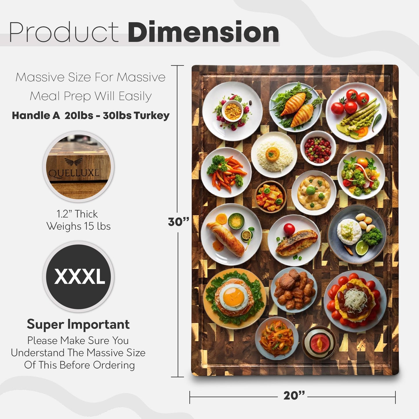 QUELLUXE 30" x 20" Acacia Wood End Grain Cutting Board Extra Large, XXXL Noodle Board Stove Cover, Heavy-Duty Butcher Block, 3XL Meat Chopping Board, Oversized Turkey Carving Board, Charcuterie Board