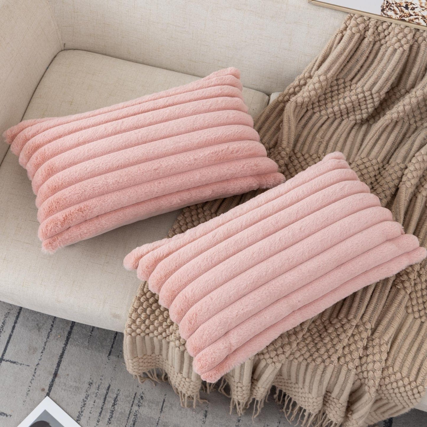 ZLINA Set of 2 Baby Pink Faux Fur Decorative Throw Pillow Covers Fluffy Striped Pillowcase Cushion Covers 12 x 20 Inch Decor Sofa Couch Bedroom