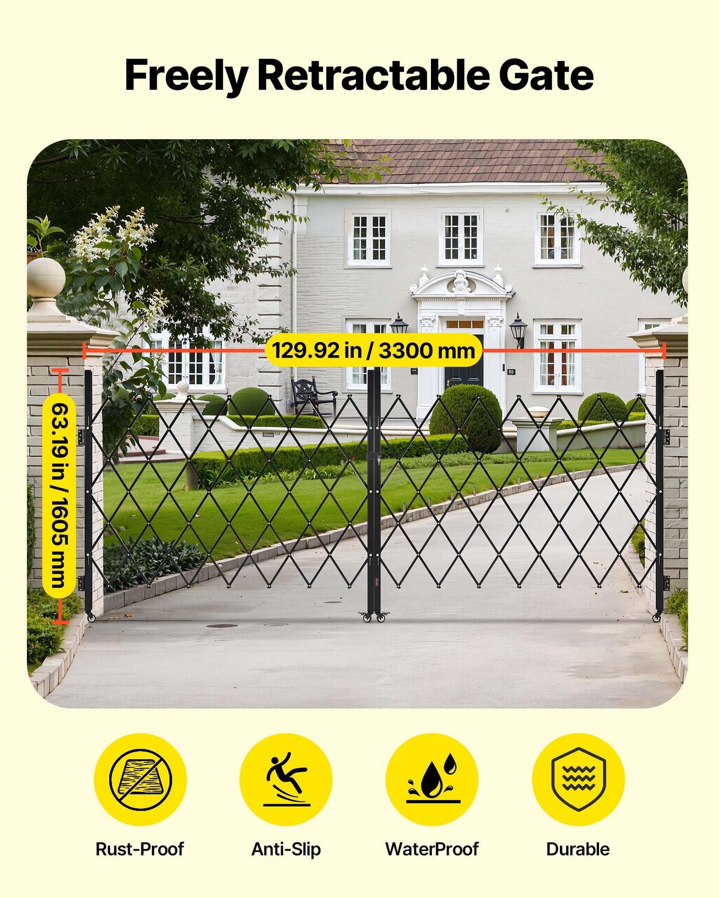 VEVOR Double Folding Security Gate, Lockable Scissor Gate with 360° Swivel Casters, Outdoor Barricade Steel Retractable Gates, for Entry Security, Garage, Warehouse & Pool, 129.92 x 63.19 in (W x H)