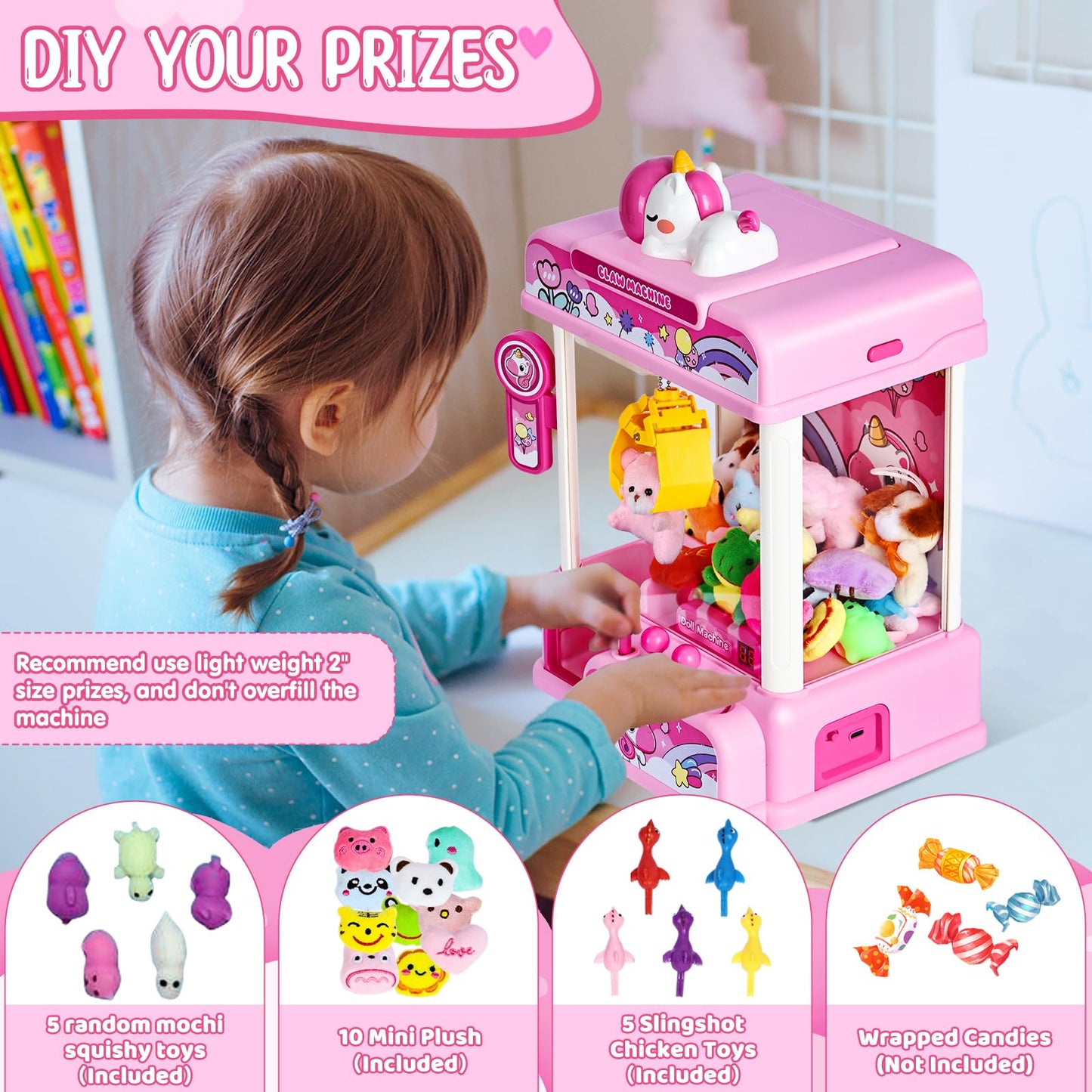 CWLAKON Claw Machine for Kids, Mini Vending Machine Girls Unicorn Toys with Sound & 20 Mini Toys, Candy Grabber Prize Dispenser Machine Electronic Arcade Games, Christmas Birthday Gifts, Pink