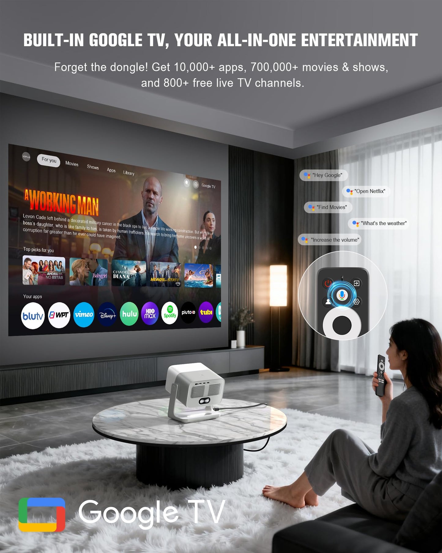 【3000 ANSI Official Licensed Google TV】4K Smart Projector with WiFi and Bluetooth, VOPLLS Outdoor Projectors with Dolby/Auto Focus, Portable Movie Phone Wireless Gaming Wifi Proyector for Bedroom/Home