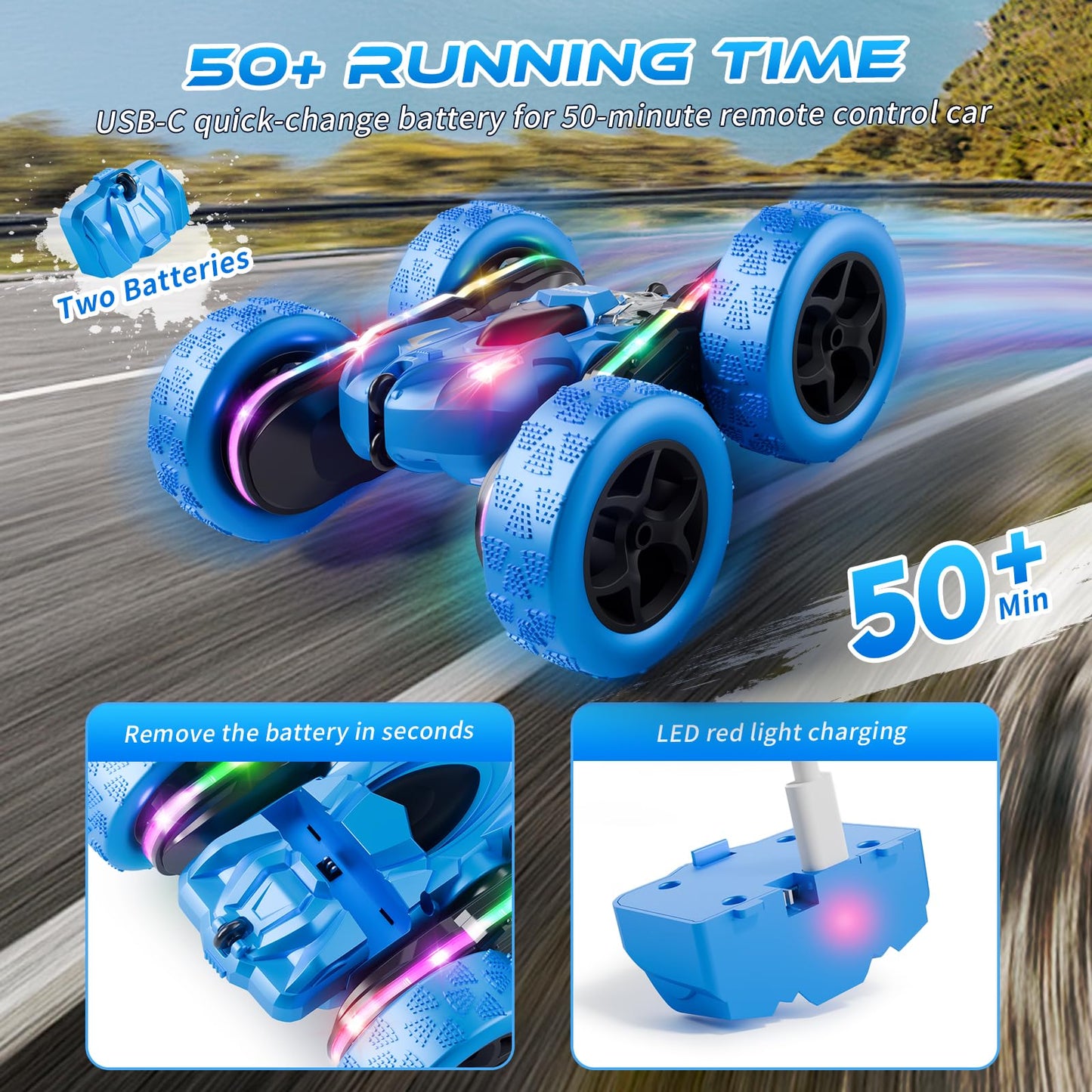 Zalneo Remote Control Stunt Car 4WD 360° Flip Double‑Sided RC Cars, LED Light Bar, USB‑C Modular Battery, 2.4 GHz Outdoor Beach Toy for Boys 6‑12 Years Old, Birthday & Christmas Kids Gift, Blue
