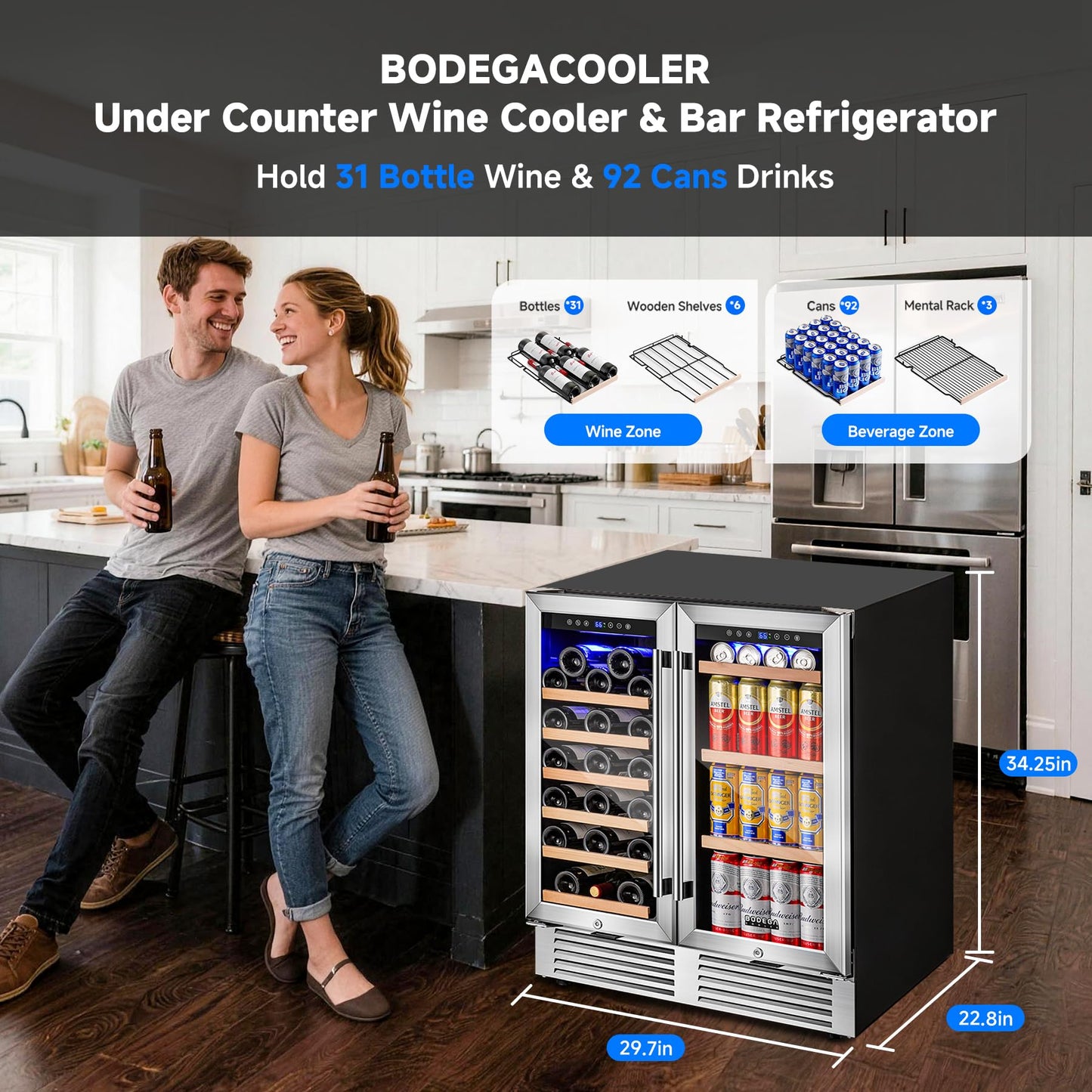 BODEGA 30" Back Bar Cooler with 2 Glass Doors, Commercial Wine & Beverage Refrigerator, Holds 31 Bottles & 92 Cans Dual Zone Drink Fridge, for Beer,Soda Drinks,Wine