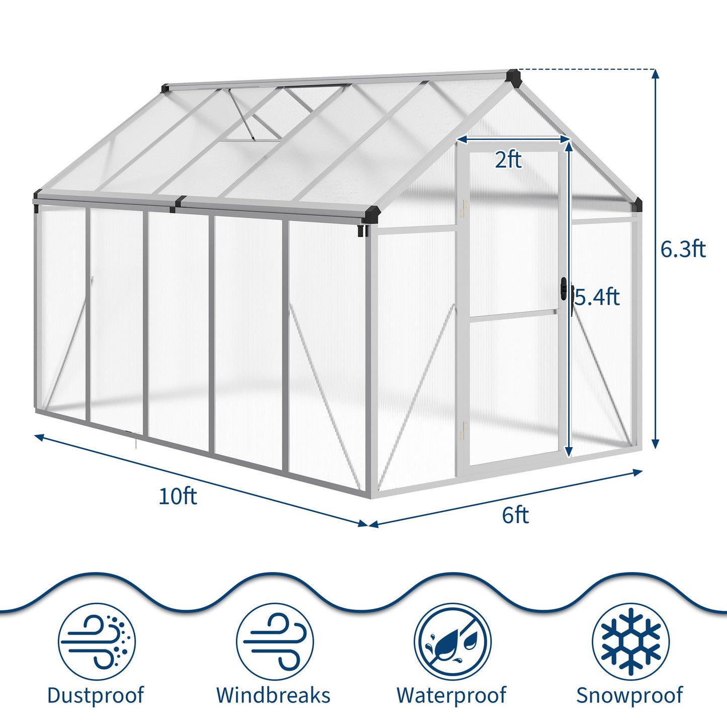 6 x 10 ft Greenhouse, Greenhouses for Outside, Polycarbonate Greenhouse with Aluminum Frame, Lockable Door and Ajustable Roof Vent for Backyard, Green Houses for Outside Garden Backyard, Patio