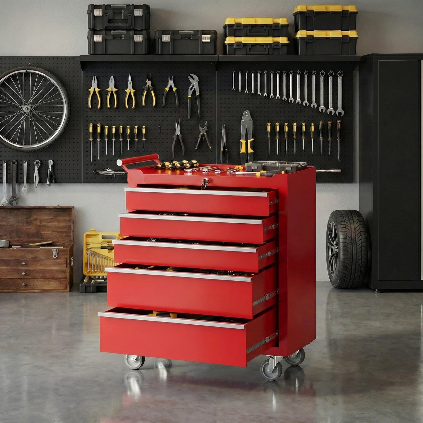 IDEALHOUSE Rolling Tool Chest, 5 Drawers Tool Storage Cabinet, Toolbox with Wheels, Portable Tool Cabinet Organizer with Locking System & Drawer Liners, Tool Storage Cart for Garage, Workshop, Red