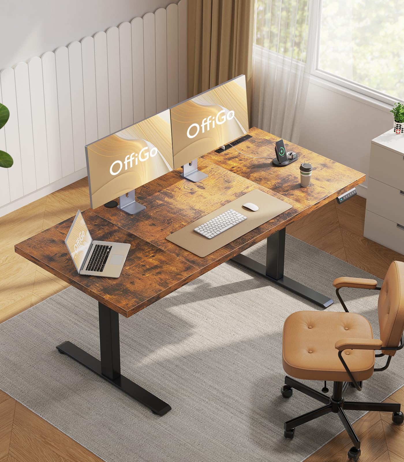 OffiGo 71 Inch Executive Electric Standing Desk, Height Adjustable Desk with Power Outlet & 1.38" Thick 3-Piece Desktop, Sit Stand Computer Desk for Home, Office, Conference Room, Rustic Brown