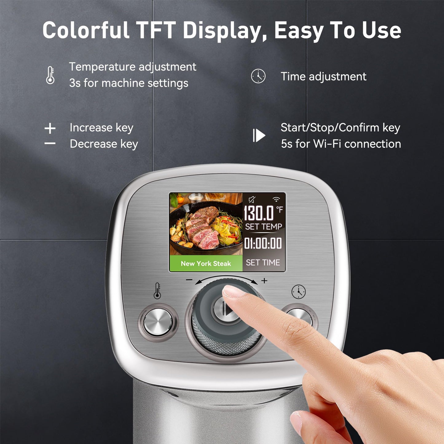 KitchenBoss WiFi Sous Vide Cooker: Ultra-quiet Sous Vide Machine Built-in TFT Color Display Recipes, 1100W Sous Vide Immersion Circulator Accurate Temp Waterproof Magnetic Knob APP Control, Silver