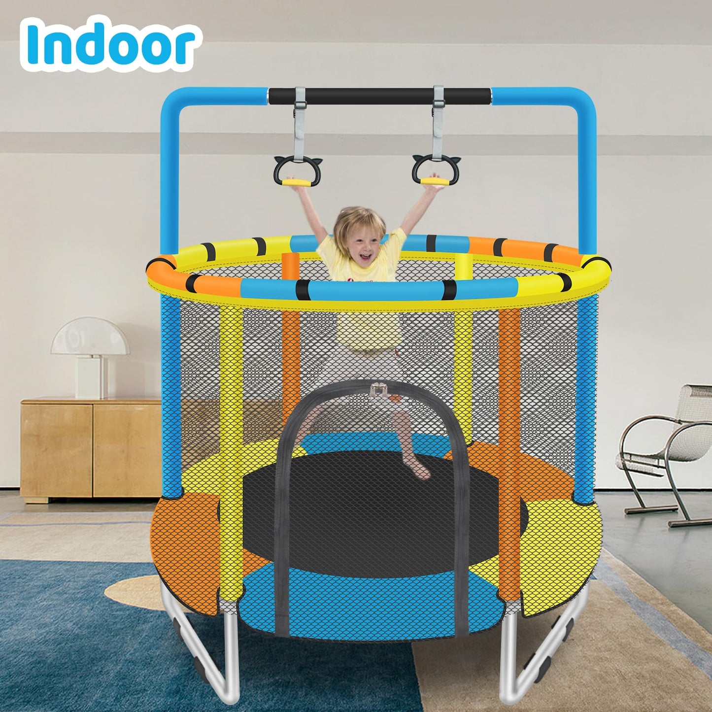 Toddler Trampoline for Kids Ages 1-8, 55'' Small Trampoline with Safety Enclosure Net & Adjustable Gymnastics Bar, Indoor & Outdoor Baby Mini Trampolines, Birthday Gifts for Children & Boys & Girls