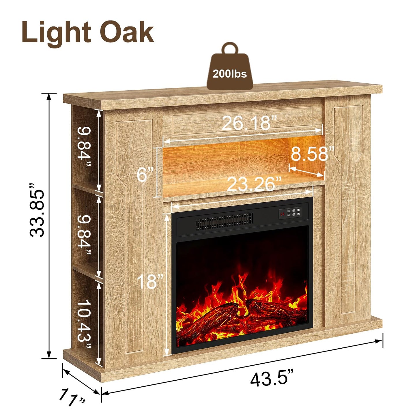 Ofika 43” Electric Fireplace with Mantel, Solid Wood Modern TV Stand with Fireplace Freestanding Entertainment Center with Storage Compartment, 23" Fireplace Insert Heater for Living Room,Wood