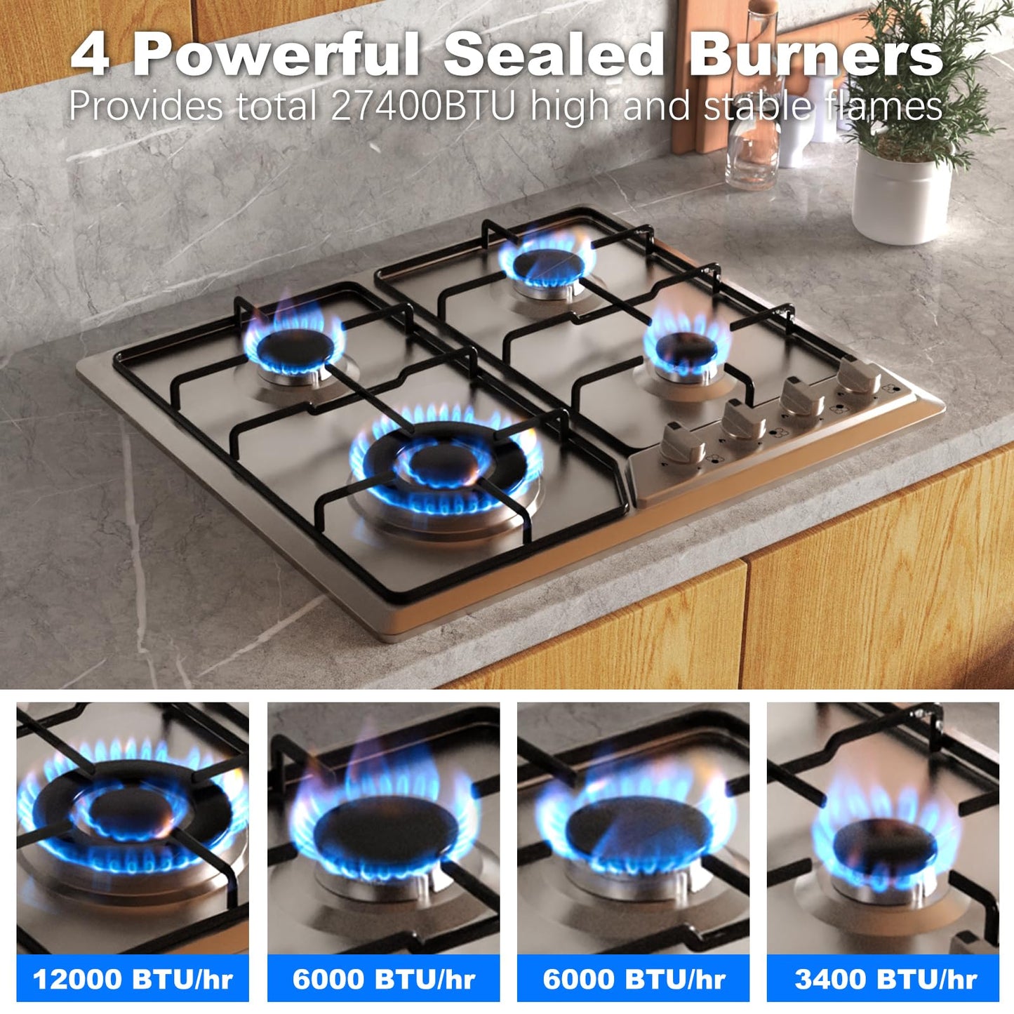Borrallio Gas Cooktops 23x20 Inch, Built-in Stainless Steel 4 Burner Gas Stove, NG/LPG Dual Fuel Propane Gas Cooktop with Thermocouple Protection for Apartment, Kitchen, Indoor,110V,Plug in