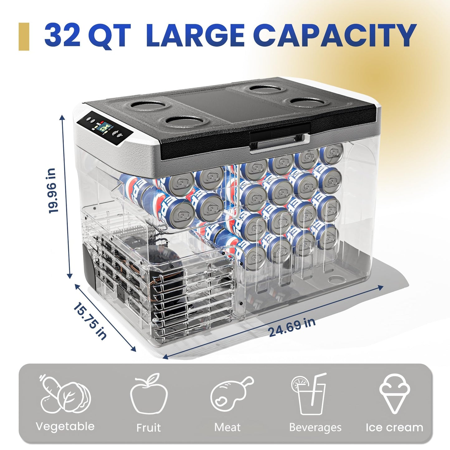 EUHOMY 12 Volt Refrigerator, 32QT(30L) 12V Cooler, Compressor Electric Cooler -4℉~68℉, 12V Fridge 12/24V DC 100-240V AC, Portable Freezer for Camping, Travel, Truck, Home